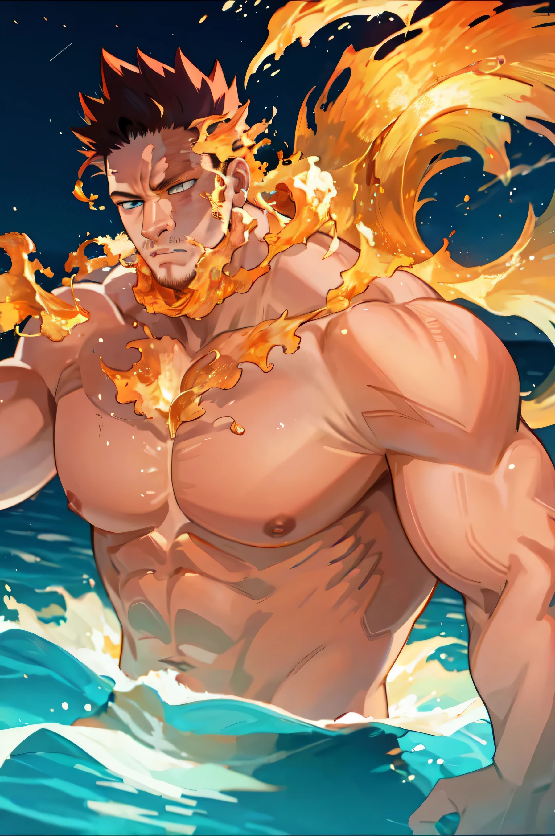 (best quality)，master piece，8K wallpaper quality， cinematic,At night,effort,1 boy,topless, huge muscles ,swimming