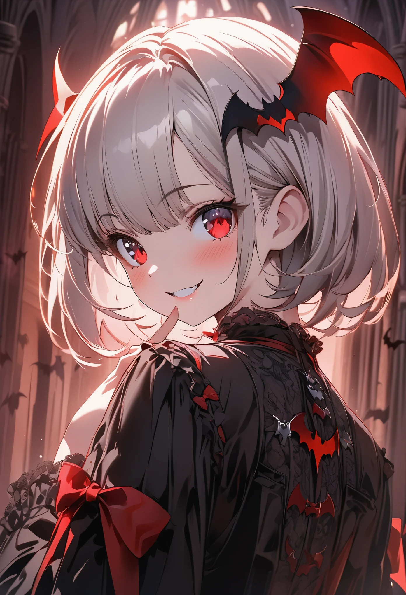 (masterpiece:1.3), (8K、best quality:1.3), (1 girl), (solo), (cute, little:1.3), (very cute face:1.3), (Beautiful face with perfect symmetry), (perfect ), (high detail skin), Rendering of anime girls, beautiful silver hair bob cut, intense red eyes, strong eye highlights, (gothic fashion), (Vampire Dracula), (gothic architecture), (Vampire girl standing in the center of the hall), (Bats are flying around the girl), bat-shaped accessories, look back, smiling, cover your mouth with your hand and laugh, upper body close-up, volume lighting, soft light, bright, neon, bright色, , Create digital artwork in pop art style