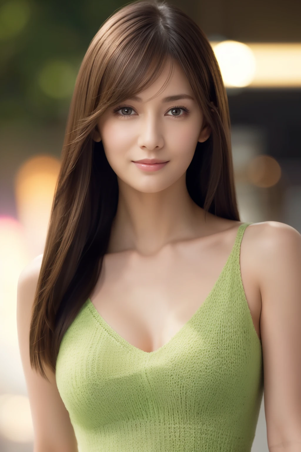 one 19 year old girl, (Light green V-neck sheer knit dress), (cleavage), Raw photo, highest quality, (photorealistic), very delicate and beautiful, very detailed, 8K wallpaper, High resolution, soft light, very detailed目と顔, beautifully detailed nose, detailed and beautiful eyes, cinematic lighting, night city lights, perfect anatomy, slender body, well-shaped chest, (straight hair), (short hair), (facing forward), (view audience), smile, asymmetrical bangs, light brown hair