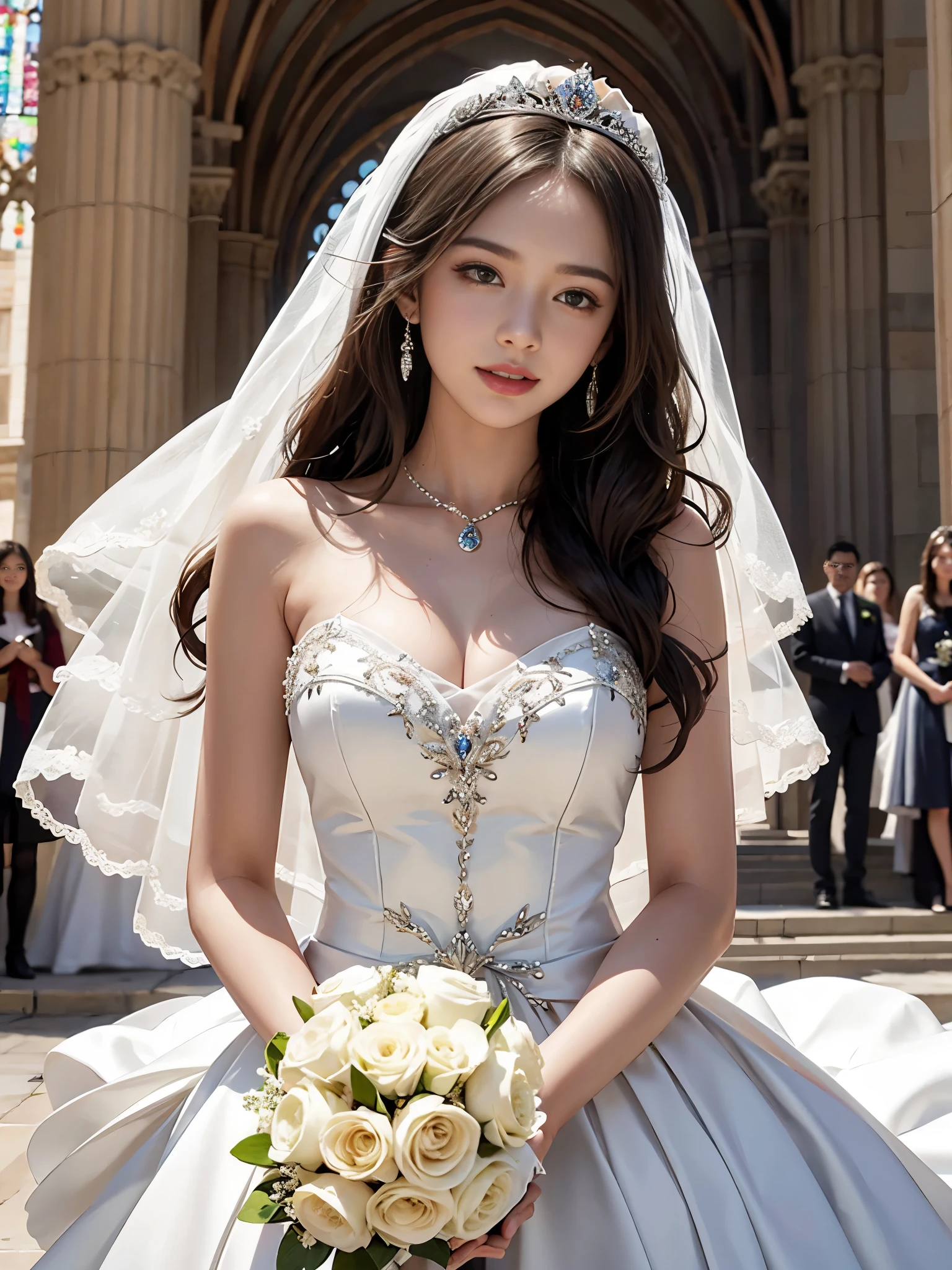 best quality, masterpiece, please let her sit down, 1 girl,huge laugh, cute teen, shiny lips, sweet, sun glare, Conservative attire, Beaded bell-line wedding dress, white gloves, bouquet, bridal tiara, depth of field, blurred background, Cathedral Background, light particles, strong wind, head tilt, long hair,