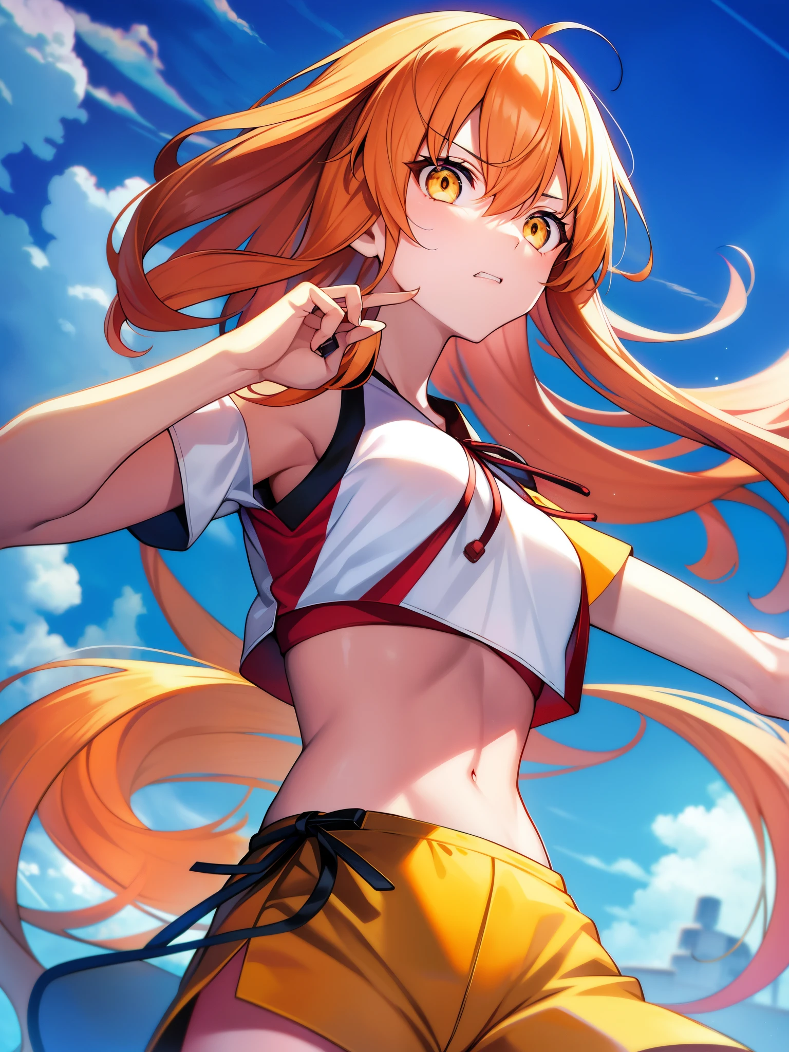 core_9、score_8_up、score_7_up、score_6_up、score_5_up、score_4_up、BREAK、source_cartoon、source_anime、hypnotized misty \(Pokémon\)、orange hair、Wearing a yellow crop top and shorts、T-back、No expression、Mind control、@ @、Blank eyes、empty gaze、drooling in the mouth、Lockでつながれた首輪、Lock、medium breasts、simple background