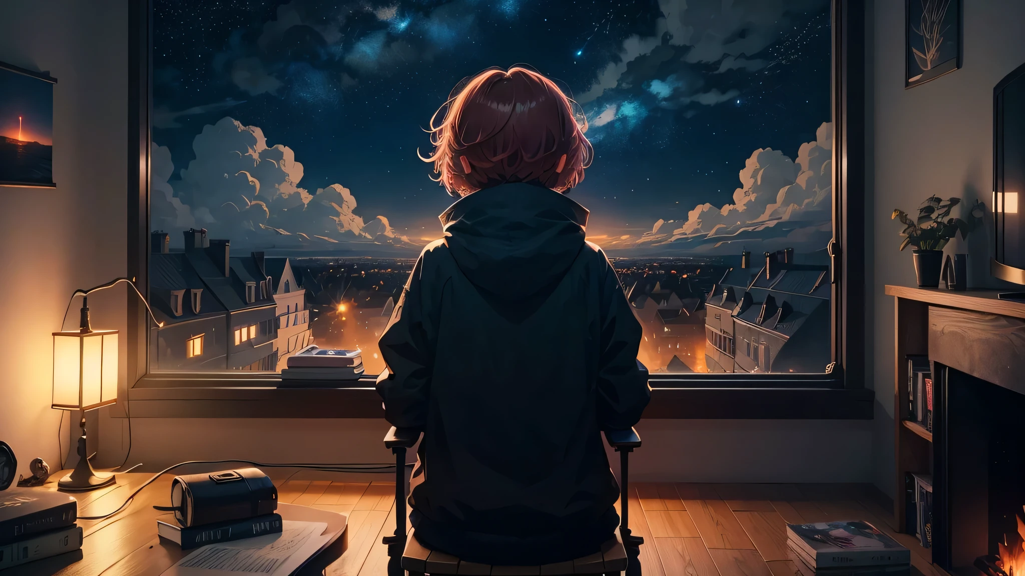 4k anime wallpaper, style of alena aenami, I'm bowing my head in my room, anime art wallpaper 4 k, anime art wallpaper、short hair1girl、cute、dark room、warm room、Fireplace Lights、it hurts、sitting in a chair、paste one'facing the desk、The starry sky outside the window