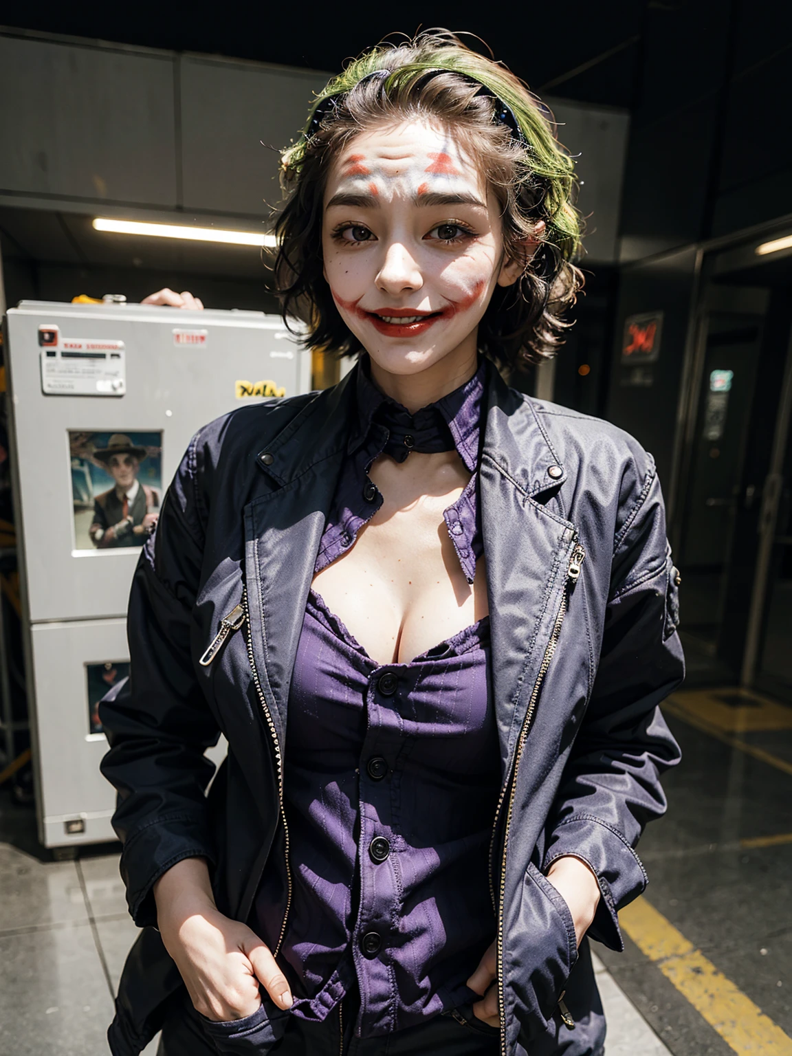 Masterpiece, High quality, joker woman, big breast,open jacket,