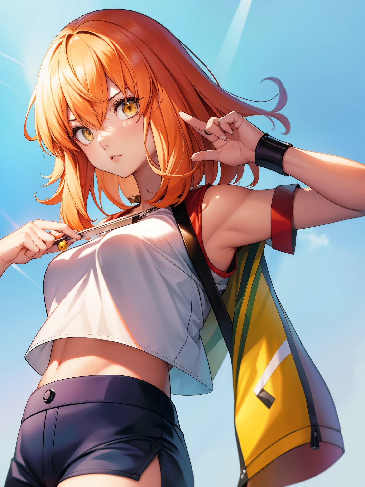 core_9、score_8_up、score_7_up、score_6_up、score_5_up、score_4_up、BREAK、source_cartoon、source_anime、hypnotized misty \(Pokémon\)、orange hair、Wearing a yellow crop top and shorts、T-back、No expression、Mind control、@ @、Blank eyes、empty gaze、drooling in the mouth、Lockでつながれた首輪、Lock、medium breasts、simple background