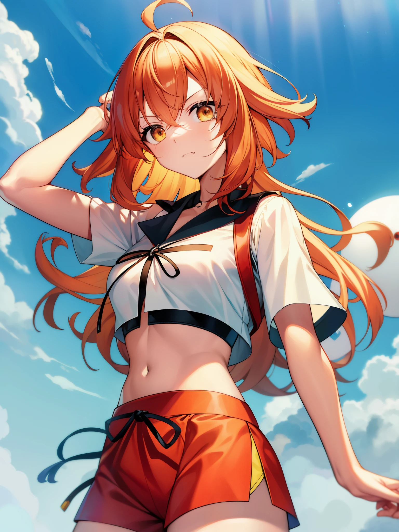 core_9、score_8_up、score_7_up、score_6_up、score_5_up、score_4_up、BREAK、source_cartoon、source_anime、hypnotized misty \(Pokémon\)、orange hair、Wearing a yellow crop top and shorts、T-back、No expression、Mind control、@ @、Blank eyes、empty gaze、drooling in the mouth、Lockでつながれた首輪、Lock、medium breasts、simple background