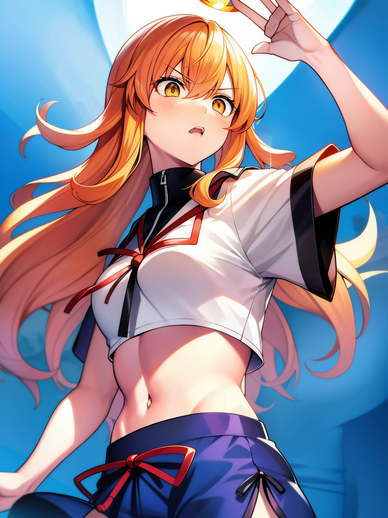 core_9、score_8_up、score_7_up、score_6_up、score_5_up、score_4_up、BREAK、source_cartoon、source_anime、hypnotized misty \(Pokémon\)、orange hair、Wearing a yellow crop top and shorts、T-back、No expression、Mind control、@ @、Blank eyes、empty gaze、drooling in the mouth、Lockでつながれた首輪、Lock、medium breasts、simple background