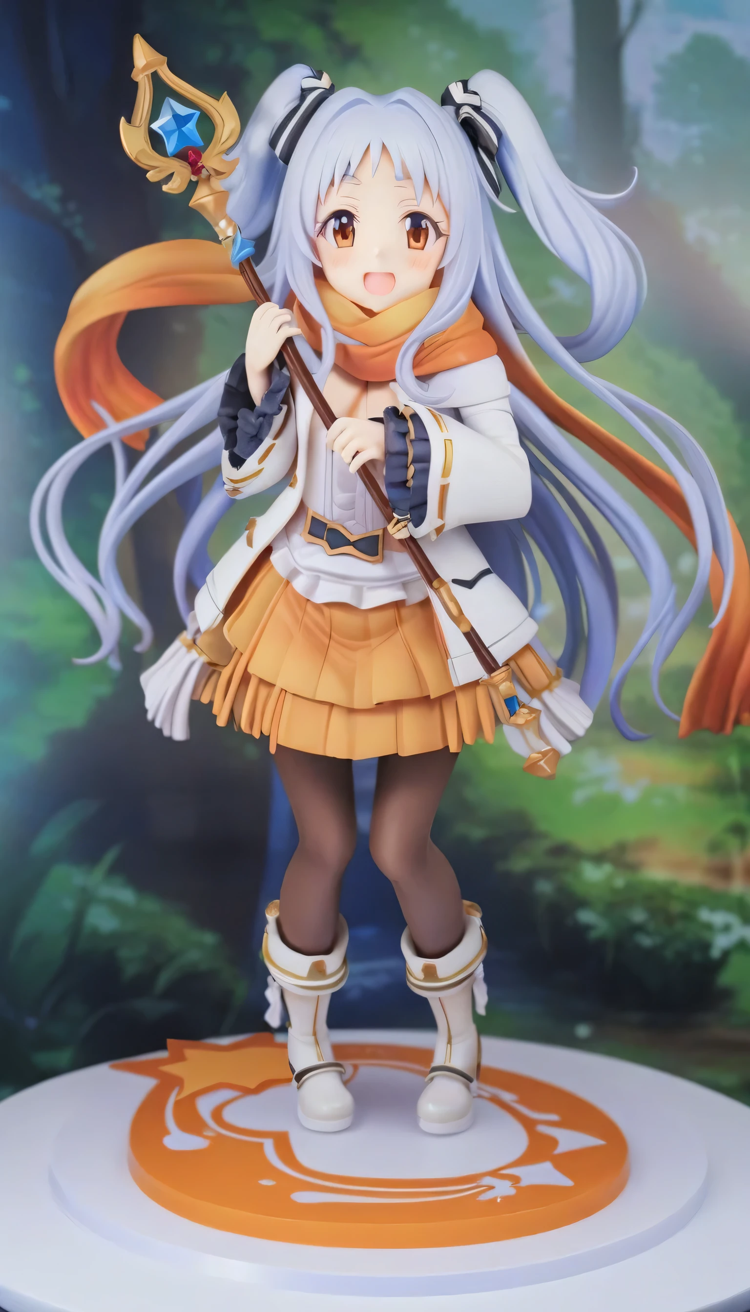 1 girl, Miyako \(Princess Link!\), pantyhose, alone, Smile, long hair, Sleeves extend beyond wrists, blush, scarf, Sleeves extend beyond fingers, long sleeve, reD eyes, looking at the audience, blue hair, staff, black pantyhose, wiDe sleeves, skirt, brown scarf, orange skirt, shoe, holDing, two siDe up, decorate, Eyebrows visible through hair, holDing staff, Dress, stripeD bow, stripeD, 白色shoe類, very long hair, Jacket, frilleD sleeves, brown eyes, Brown tights, white shirt, parteD bangs, brown skirt, white Jacket, white Dress, bow, orange scarf, shirt, Star \(symbol\), hair intake, boots, yellow scarf, teeth, Thigh clearance, open mouth, silver hair, hanDs up, pleateD skirt, :D, ribbon, foreheaD, layereD skirt, frilleD Dress, white ribbon, Tassel decoration, outDoors, masterpiece, best quality