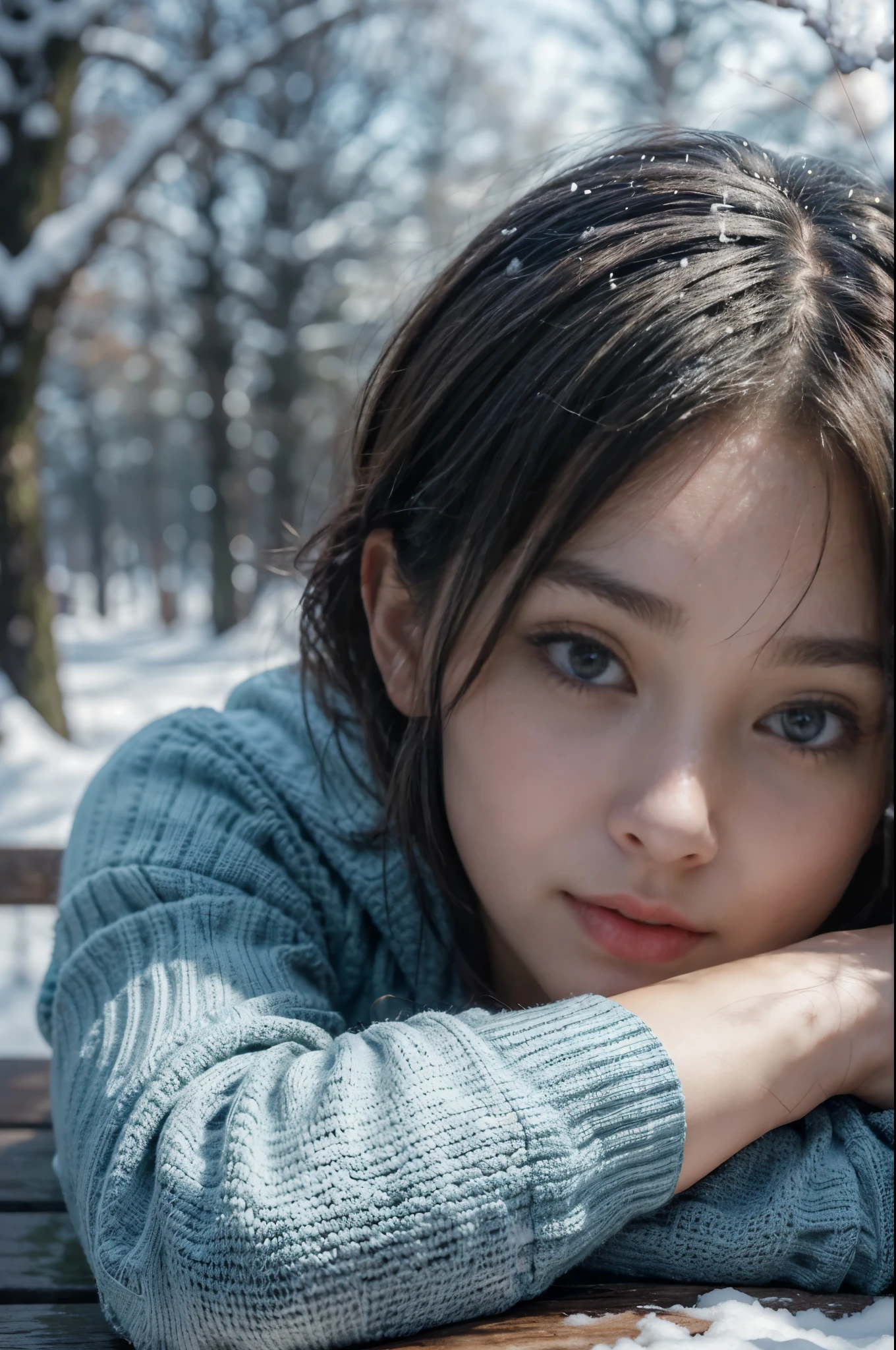 Photorealistic, (close up:1.2), low angle, (seen from below:1.1), a japanese young girls with hood, (long sleeve sweater:1.2, long jeans), a hyperrealistic beautiful young girls with natural sagging breast, high detailed official artwork, beautiful girls with slim fit body and busty posture, attractive young girls (seductive poses:1.3, crossed arm hold on the breast), at bench in the natural forest with (snow:1.2), natural background, dubnitskiy david fanart, realistic portrait, smooth photorealistic, perfect visual of a cute girls, cute girls with skinice soft face, look at viewers, makoto shinkai and artgerm, photon mapping, natural light, greeney tones, vivid colors, playful ambient, foggy atmosphere