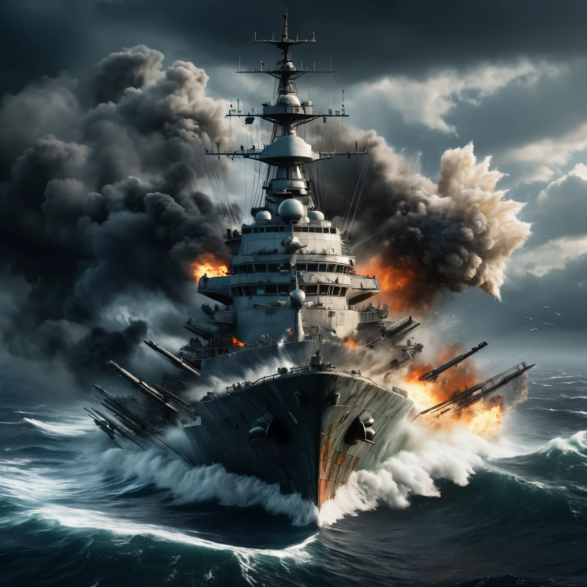 a sinking military cruiser,(best quality,ultra-detailed,realistic,highres),modern warship,sinking,stormy sea,damage,huge waves,dark clouds,desperation,chaos,explosions,smoke and fire,ominous atmosphere,(long distance view, aerial view)