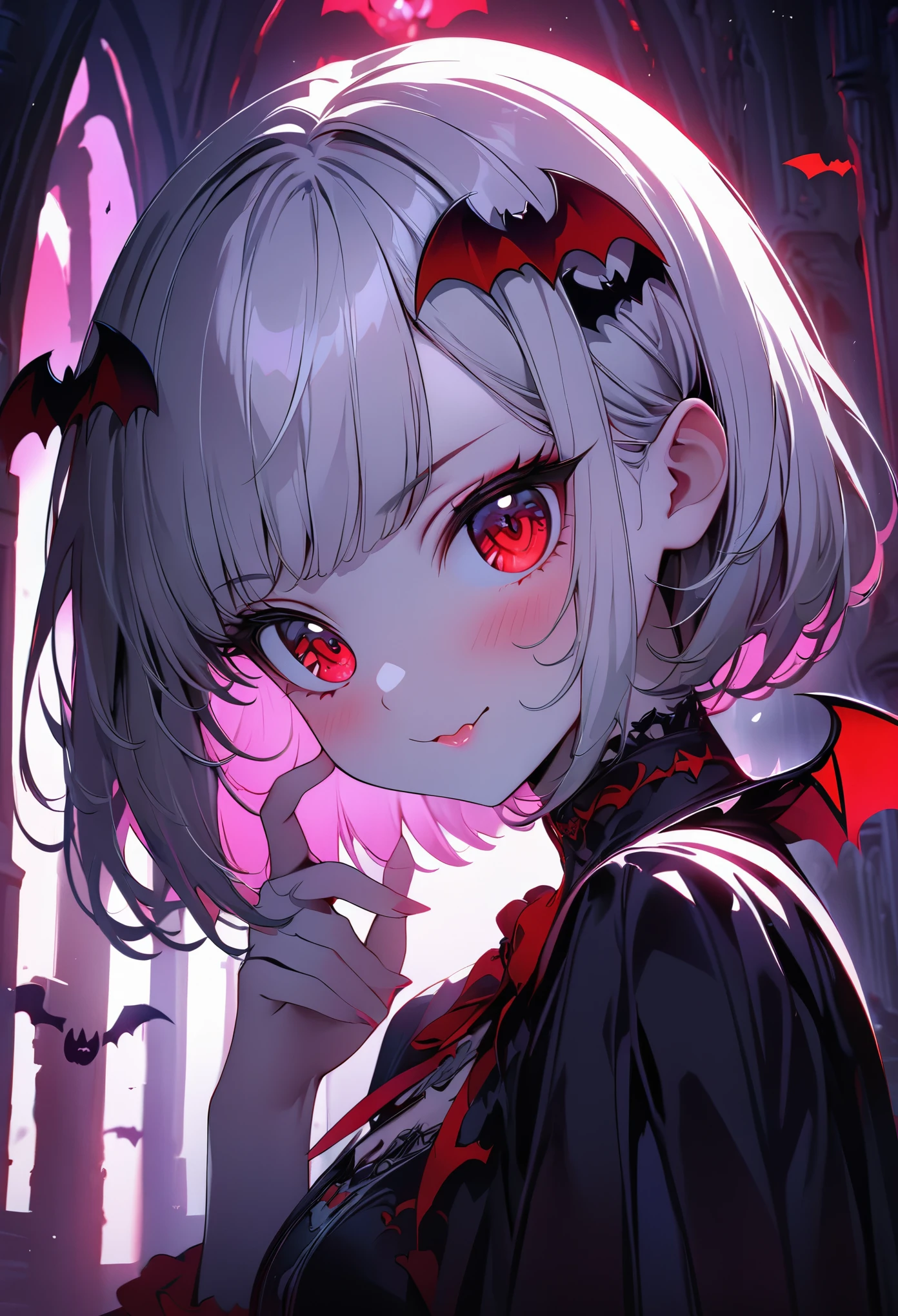 (masterpiece:1.3), (8K、best quality:1.3), (1 girl), (solo), (cute, little:1.3), (very cute face:1.3), (Beautiful face with perfect symmetry), (perfect ), (high detail skin), Rendering of anime girls, beautiful silver hair bob cut, intense red eyes, strong eye highlights, (gothic fashion), (Vampire Dracula), (gothic architecture), (Vampire girl standing in the center of the hall), (Bats are flying around the girl), bat-shaped accessories, smiling, cover your mouth with your hand, upper body close-up, volume lighting, soft light, bright, neon, bright色, , Create digital artwork in pop art style