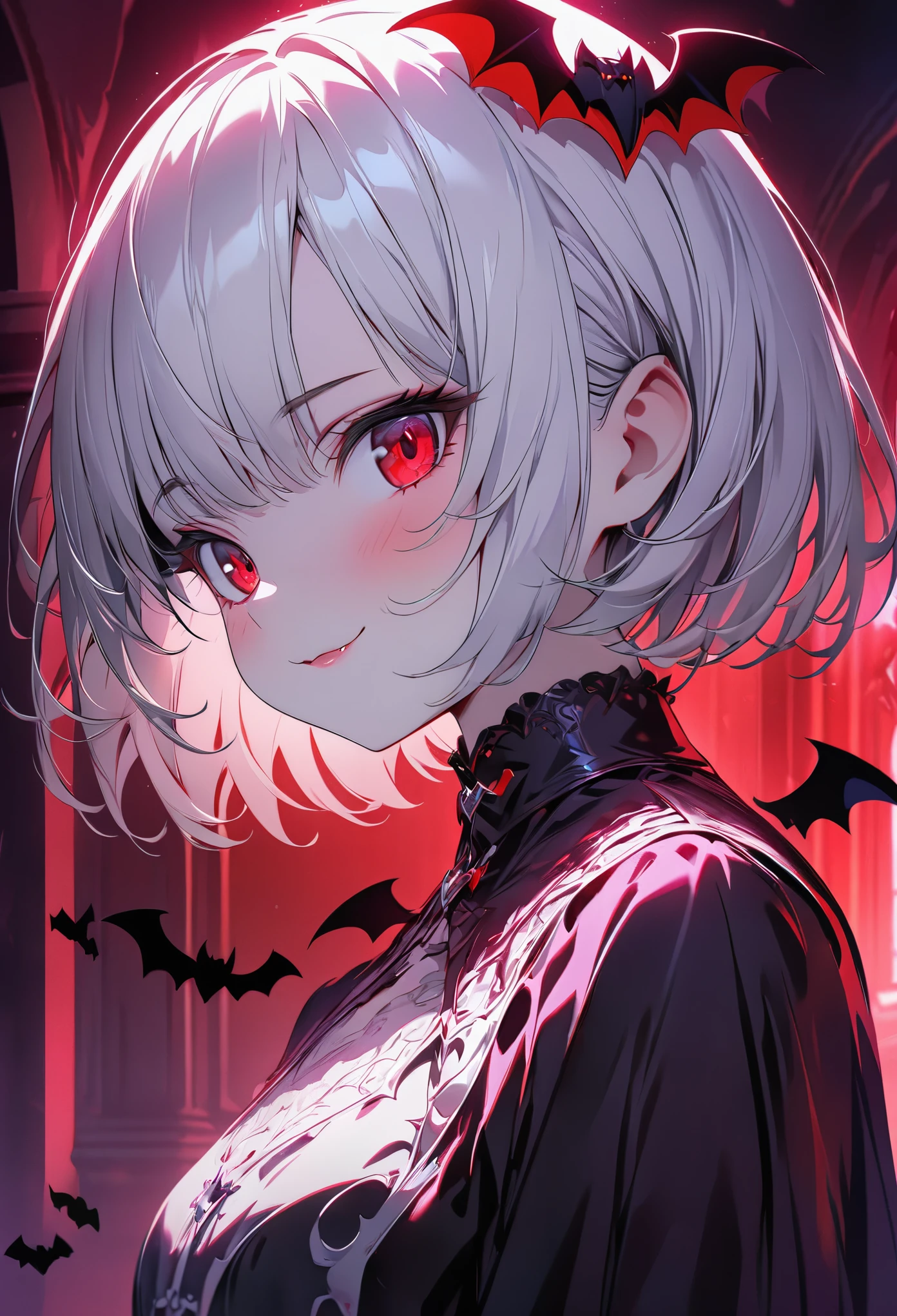(masterpiece:1.3), (8K、best quality:1.3), (1 girl), (solo), (cute, little:1.3), (very cute face:1.3), (Beautiful face with perfect symmetry), (perfect anatomy), (high detail skin), Rendering of anime girls, beautiful silver hair bob cut, intense red eyes, strong eye highlights, (gothic fashion), (Vampire Dracula), (gothic architecture), (Vampire girl standing in the center of the hall), (Bats are flying around the girl), bat-shaped accessories, look back, Have a love letter、I feel shy when I touch my cheek with my hand, I'm happy but embarrassed, face turns red, upper body close-up, volume lighting, soft light, bright, neon, bright色, Create digital artwork in pop art style