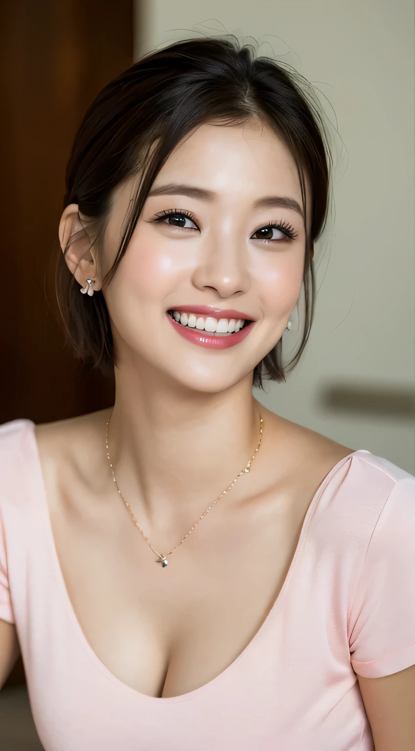 (8K, Raw photo, highest quality, High resolution: 1.1), (hyperrealistic: 1.4), (realistic, photorealistic: 1.3), 30 years old, soft light, cleavage, girl, realistic face, realistic body, realistic skin, confused, masterpiece, (cute: 1.8), cuties, alone, (big: 1.2), fine black eyes, innocent eyes, blush, (T-shirt(1.2), cinema light, film grain, jewelry, earrings, ((short bob hair: 1.1)), (floating hair nova frog style)), cherry color lip, hair ribbon, hair ribbon, ponytail, close, show viewer, Upper body, open lips, upper teeth, (smiling eyes: 0.6), ((grin and laugh: 1.2)), written boundary depth, blurred background, focus of the eye, Bokeh, young, 85mm lens, f/1.4, professional lighting, young, portrait, photon mapping, black hair、beautiful teeth、dark eyeliner、necklace around neck、ear piercing、open your mouth
