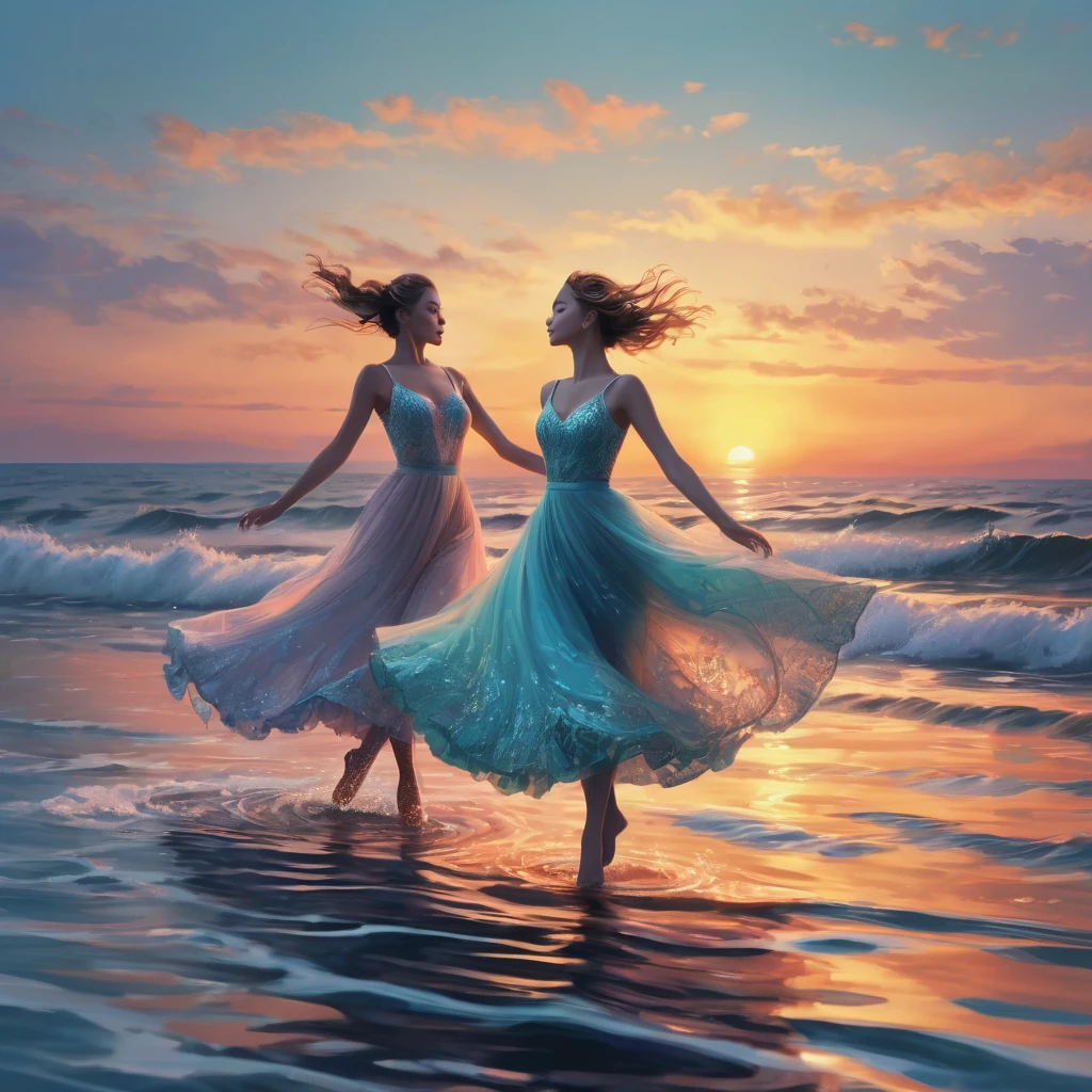 People Dancing on the Sea Surface, aesthetic, extremely detailed, dancing people,seaside sunset landscape,beautiful detailed eyes,beautiful detailed lips,longeyelashes,graceful ballet movements,flowing dresses,floating on water,gentle sea breeze,rippling waves,serene atmosphere,(best quality,4k,8k,highres,masterpiece:1.2),ultra-detailed,(realistic,photorealistic,photo-realistic:1.37),impressionistic style,vibrant colors,soft pastel tones,subtle lighting