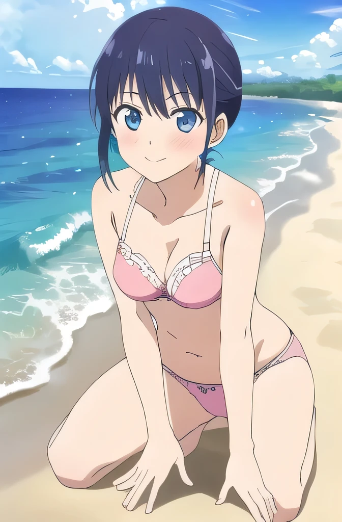 ((highest quality)),((very detailed)),masterpiece,confused,detailed face,beautiful face,(fine eyes, deep eyes),(1 girl),((dynamic pose)), Minase, 1 girl, alone, underwear,pink lace bra,pink panties,panties ribbon red, blue eyes, smile, blush, looking at the viewer, side ponytail, blue hair, clavicle, bangs, anime coloring book, beach background, full body