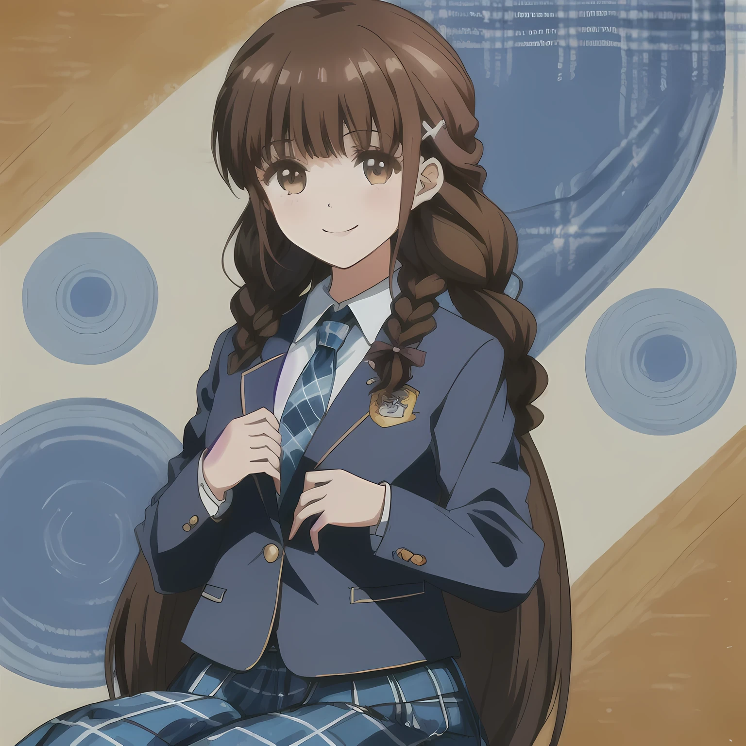 highest quality, (masterpiece:1.2), very detailed,A beautiful girl with a bright and cheerful atmosphere, Only one beautiful girl sitting、Looking at the viewer and smiling, glossy lips, nice smile, Impressive big brown eyes, (((dark brown hair))), 15 years old, big shiny hair clip, , ((((Green school blazer with emblem))), ((A large Japanese-style school ribbon with a large navy blue stripe on the chest.)), very shiny hair、The corners of the eyes are drooping,(white and transparent skin), (((Tightly braided brown hairstyle))), ((((Green & Navy color tartan check middle long skirt)))), ((A gentle and cute expression staring at the viewer)), double eyelid, ((long eyelashes)), ((the skirt is very cute)), （(Strong appeal to viewers))