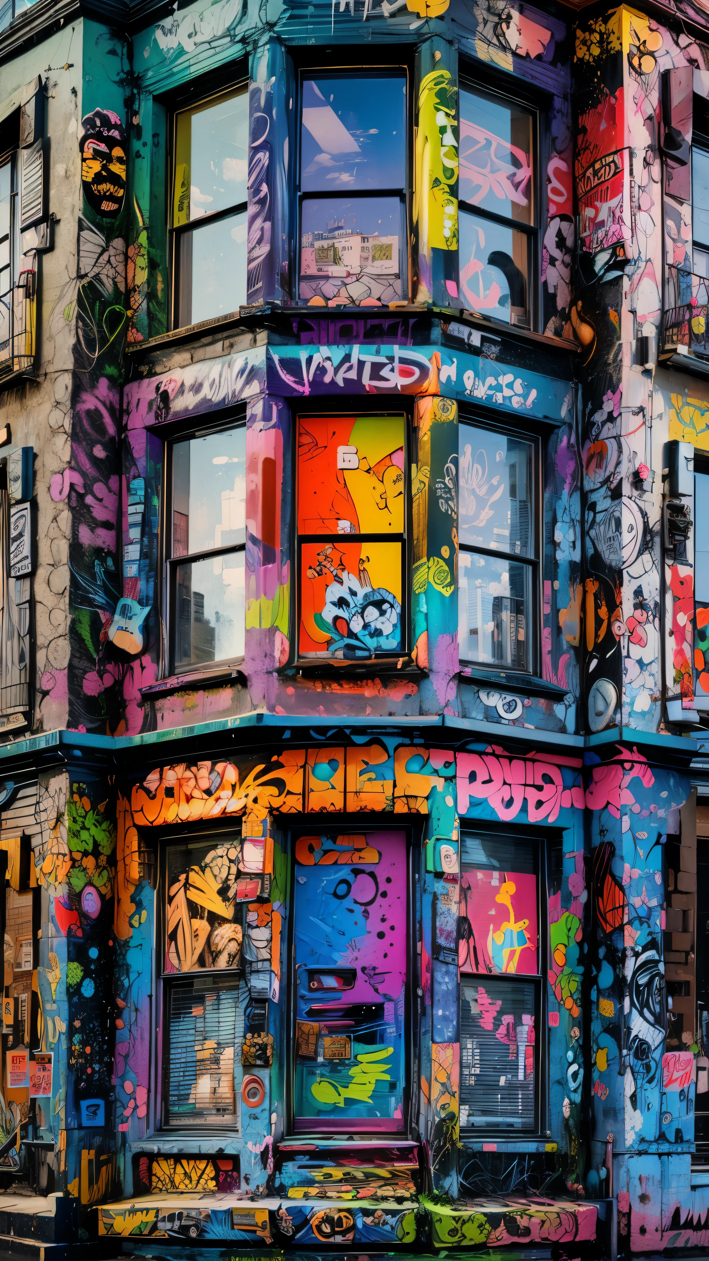 um colorful building com grafites por toda parte, grafite colorido, detalhes e cores vivas, tinta grafitti, colorful building, Casa Colorida, parede com grafite colorido, grafites nas paredes, arquitetura colorida, grafite urbano, grafites nas paredes, Extremamente colorido, salpicado com graffiti, arte de rua graffiti, graffiti e cartazes na parede, muito colorido, Cidade colorida