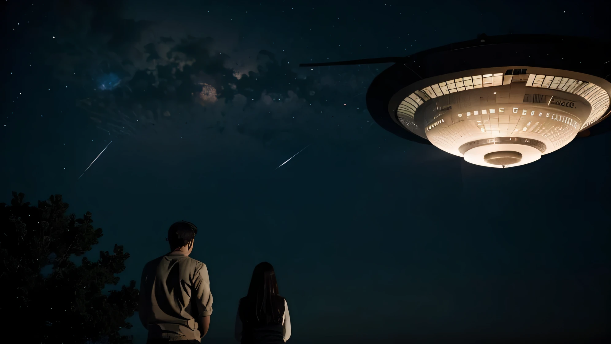 A naked romantic couple having sex in a futuristic spaceship, spaceship is hovering over water in the middle of the ridge, nightime, brilliant sky