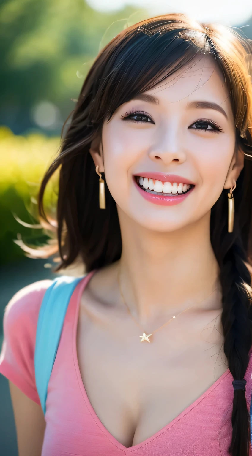 (8K, Raw photo, highest quality, High resolution: 1.1), (hyperrealistic: 1.4), (realistic, photorealistic: 1.3), 30 years old, soft light, cleavage, girl, realistic face, realistic body, realistic skin, confused, masterpiece, (cute: 1.8), cuties, alone, (big: 1.2), fine black eyes, innocent eyes, blush, (T-shirt(1.2), cinema light, film grain, jewelry, earrings, floating hair nova frog style)), cherry color lip, close, show viewer, Upper body, open lips, upper teeth, (smiling eyes: 0.6), ((grin and laugh: 1.2)), written boundary depth, blurred background, focus of the eye, Bokeh, young, 85mm lens, f/1.4, professional lighting, young, portrait,black hair、beautiful teeth、dark eyeliner、necklace around neck、ear piercing