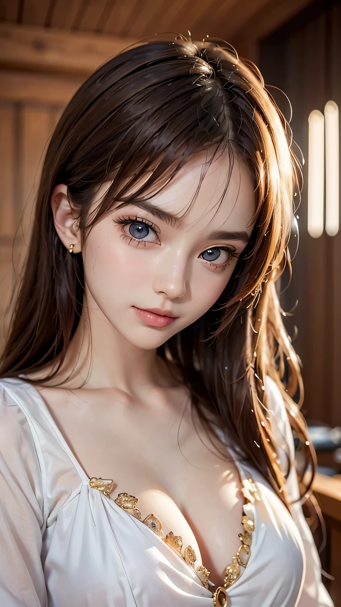 Beautiful white and shining skin、Chestnut hair that changes depending on the light、long bangs between the eyes that obstruct vision、cheek gloss highlight、Sexy and very beautiful lovely gorgeous face、the most beautiful face in the world、short bob、smooth straight hair、medium breasts、big and bright eyes、eyes are shining、Beautiful eyes in every detail、beautiful bangs、Beautiful and beautiful woman、small face beauty、small face beauty、golden ratio、natural smile、full body shot、alone、shirt with buttons、open shirt、See-through、No bra、beautiful clavicle、Medium chest、beautiful breasts、cleavage、erect nipples、view audience、Sexy model posing with chest out、very sexy