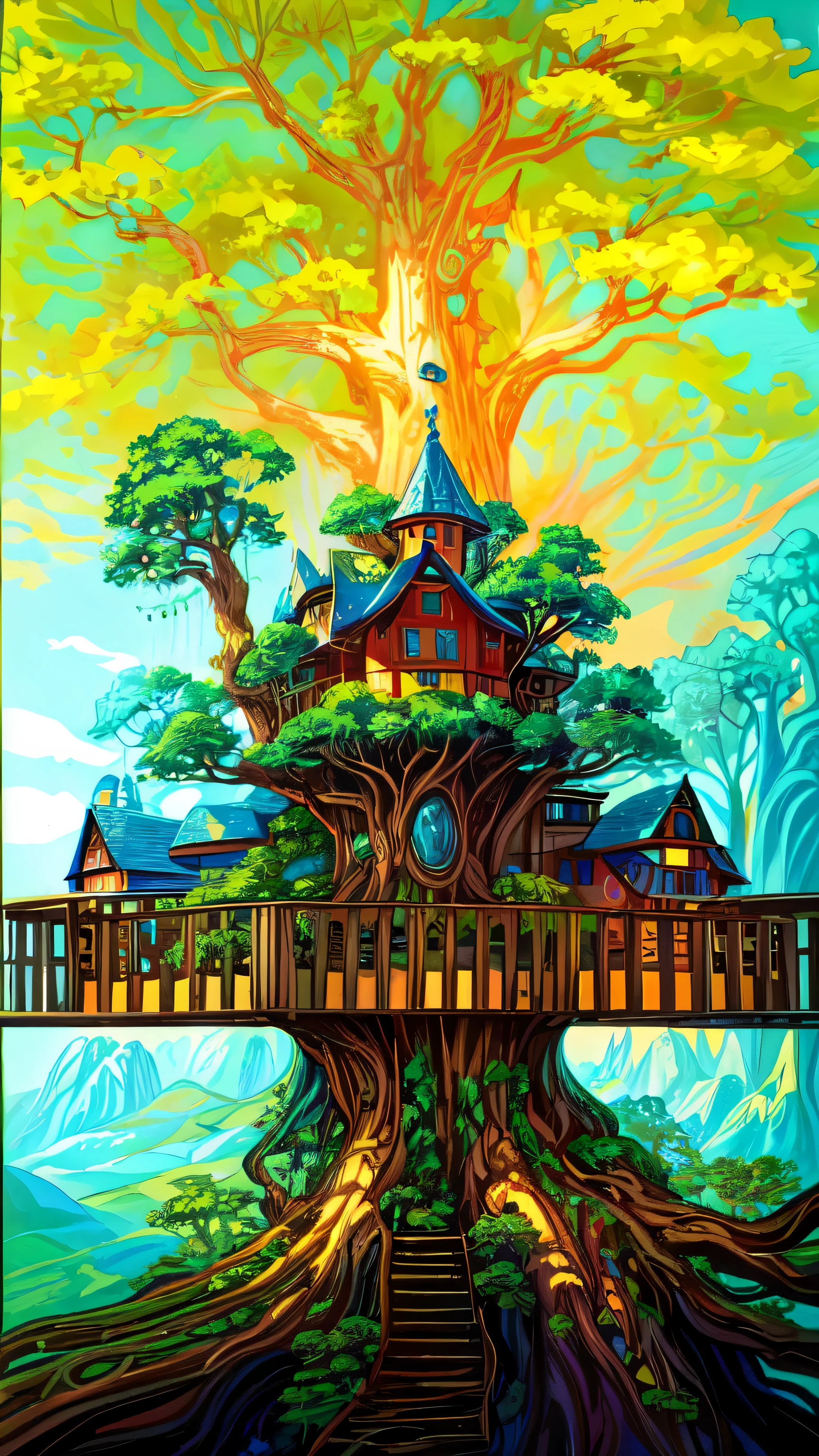 bright, (((cartoon style))), on a large green tree in the middle there is a wooden house with a balcony, fantasy (background), fantasy art, the forest, Blue sky, 
massive and tall tree trunk, Magical landscape, fantasy, No Man, illustration for children, fantasy art, masterpiece, detailed, difficult, 4K, art