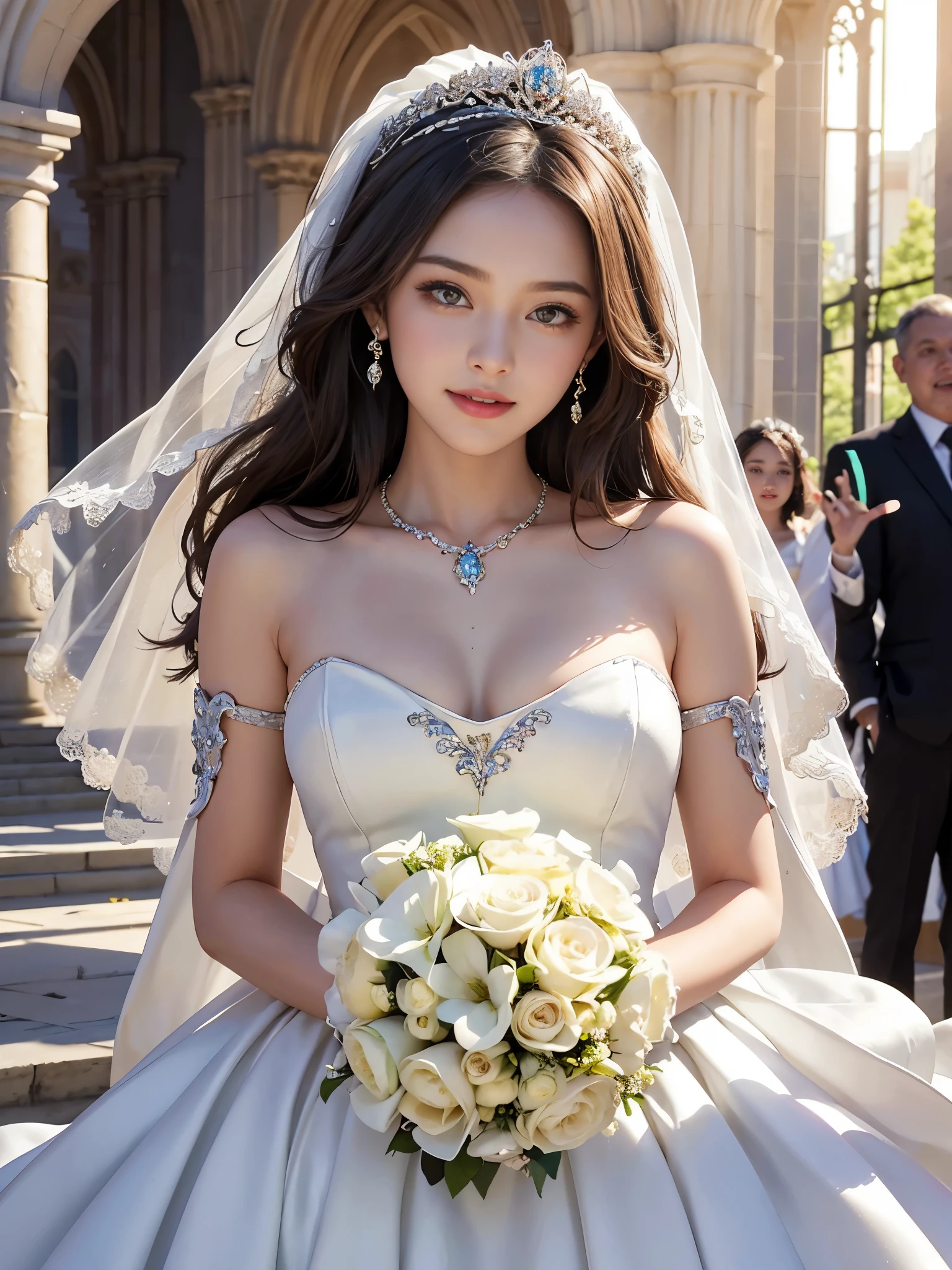 best quality, masterpiece, please let her sit down, 1 girl,huge laugh, cute teen, shiny lips, sweet, sun glare, Conservative attire, Beaded bell-line wedding dress, white gloves, bouquet, bridal tiara, depth of field, blurred background, Cathedral Background, light particles, strong wind, head tilt, long hair,