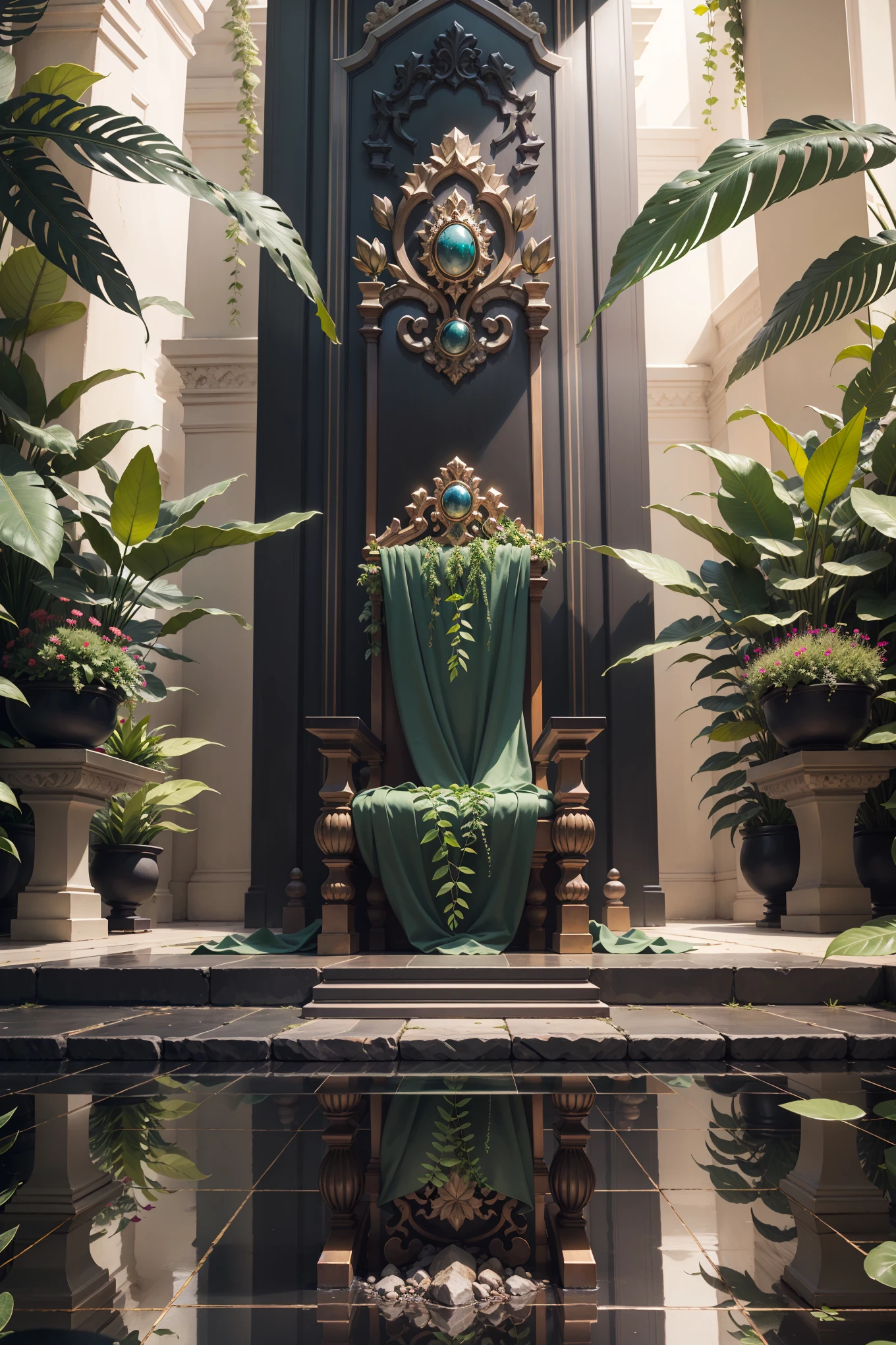 bright succulent leaves, beautiful tropical flowers, Rich colors, stone floor, (throne), nature, luxury, complex parts, no people