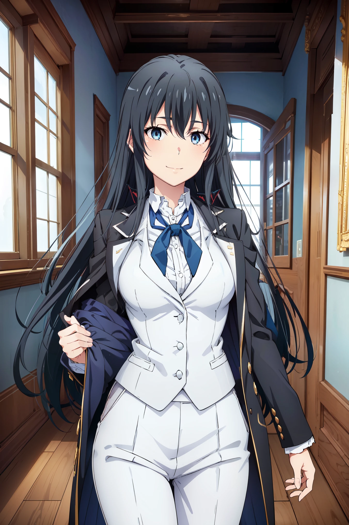 Yukinoshita yukino ,woman in formal attractive tailcoat standing in a large alcove in the room , 1girl, solo, blue necktie, black hair, blue eyes, long hair, smile , collared shirt, white pants, white shirt , tailored tailcoat elegant , standing in front of a window ,tailcoat tailored to perfection. Featuring striking Victorian theme and crafted from the lustrous fabric