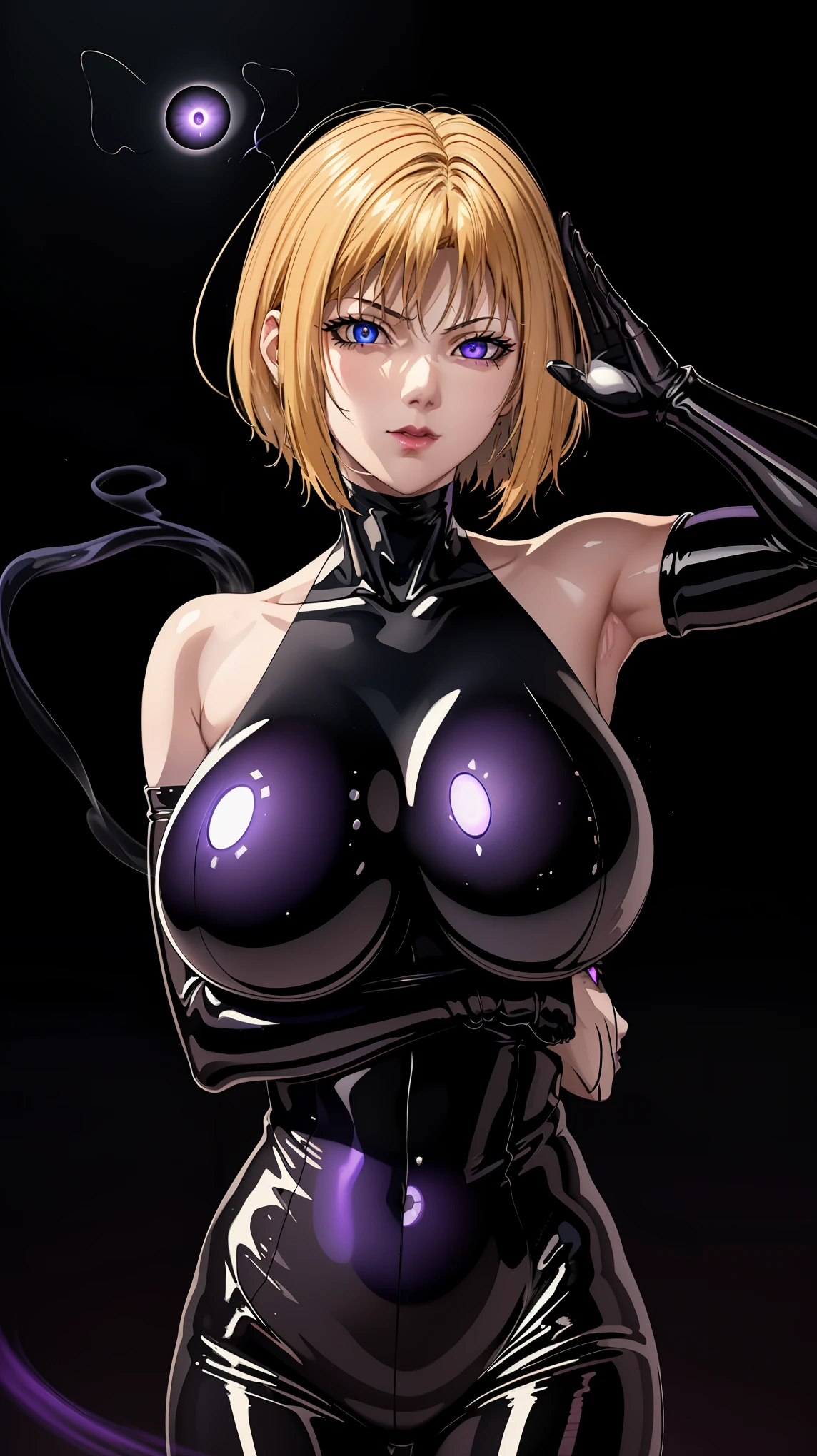 1 girl,NSFW,Kitami Reika, (black bible),blonde hair, short hair, lipstick, compensate, black eyeshadow, smokey eyes, fine hair, super detailed face, blue eyes, perfect eyes, perfect face,, clavicle, absurd, brainwashing,empty eyes,((purple glowing eyes 1.5)),  huge breasts , No expression,emotion removed, (black latex tight bodysuit), whole body shape, ((stand up, salute)),(highest quality、4k、8K、High resolution、must have:1.2)、Super detailed、(reality、reality的なです、reality的な:1.37)、ticker、hyper hd、studio lighting、ultra definition paint、sharp focus、Physically based rendering、extreme details、Professional specifications、vibrancy and color、blurry、sports portrait、landscape、horror style、anime big breasts、SF、photograph、concept artist、five fingers, perfect body,  {{{masterpiece}}}, {{{highest quality}}}, {{Super detailed}}, {shape}, {{very delicate and beautiful}},Improved cost performance、all roles、Canon 5D MK4でphotograph、photograph, 