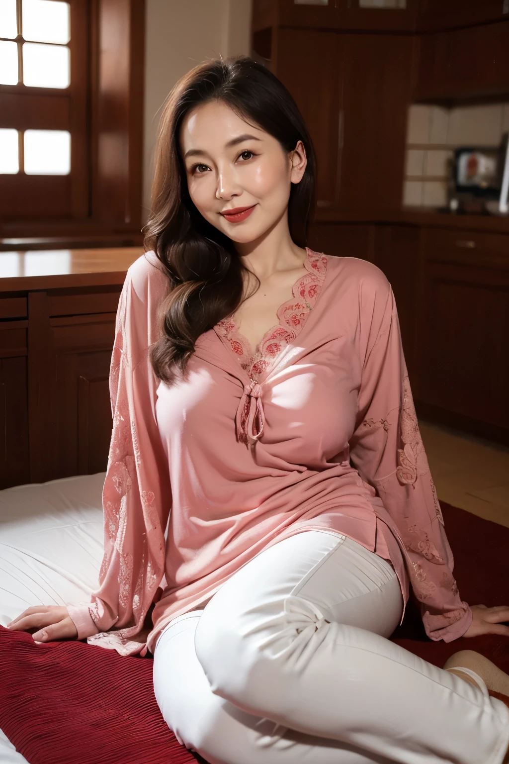 Draw lips correctly, red lipstick, from chest up, best quality, Super detailed, lifelike, Super fine skin, perfect anatomy, (1 日本Mature的女人), (alone)，wear a shirt，long sleeves，Pants，wavy long hair，37-year-old female，Mature，charming smile，indoor background，stand，Leg length，Chubby，Big breasts，stand up，full-body shot