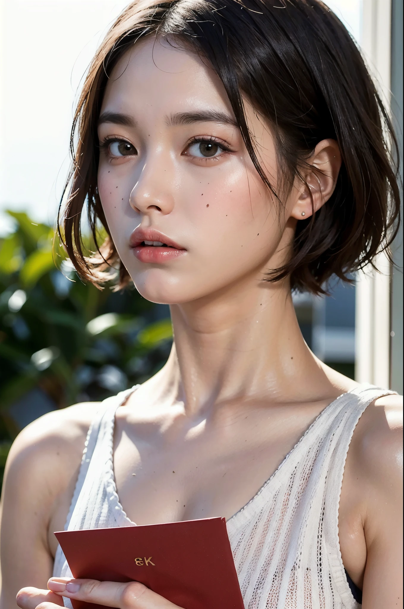 (Representative works:1.3), (8K, photorealistic, RAW photo, Highest image quality: 1.4), (1girl), beautiful face, (realな顔), (Red paper, short hair:1.3), beautiful hairstyle, realな瞳, beautiful eyes, red eyes, (realな肌), beautiful skin, (pink sweater), absurdres, Charm, ultra high resolution, real, High definition, golden ratio, bright, rim lighting