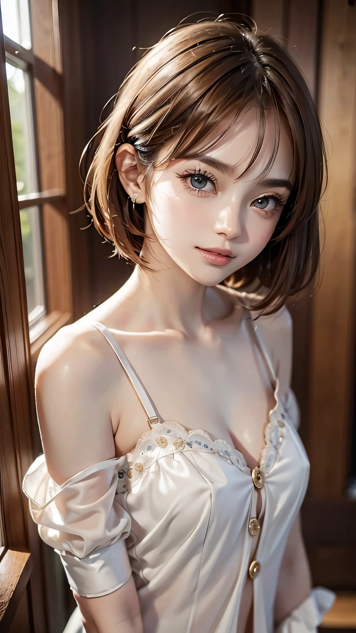 masterpiece, highest quality, Super detailed, 8K, photo-realistic, 1 girl, alone, Tomboy, Super detailed face, rim lighting, Upper body, Light brown pixie cut hair, (small breasts:1.5), She is wearing a white bikini with gold embroidery., With Jacket