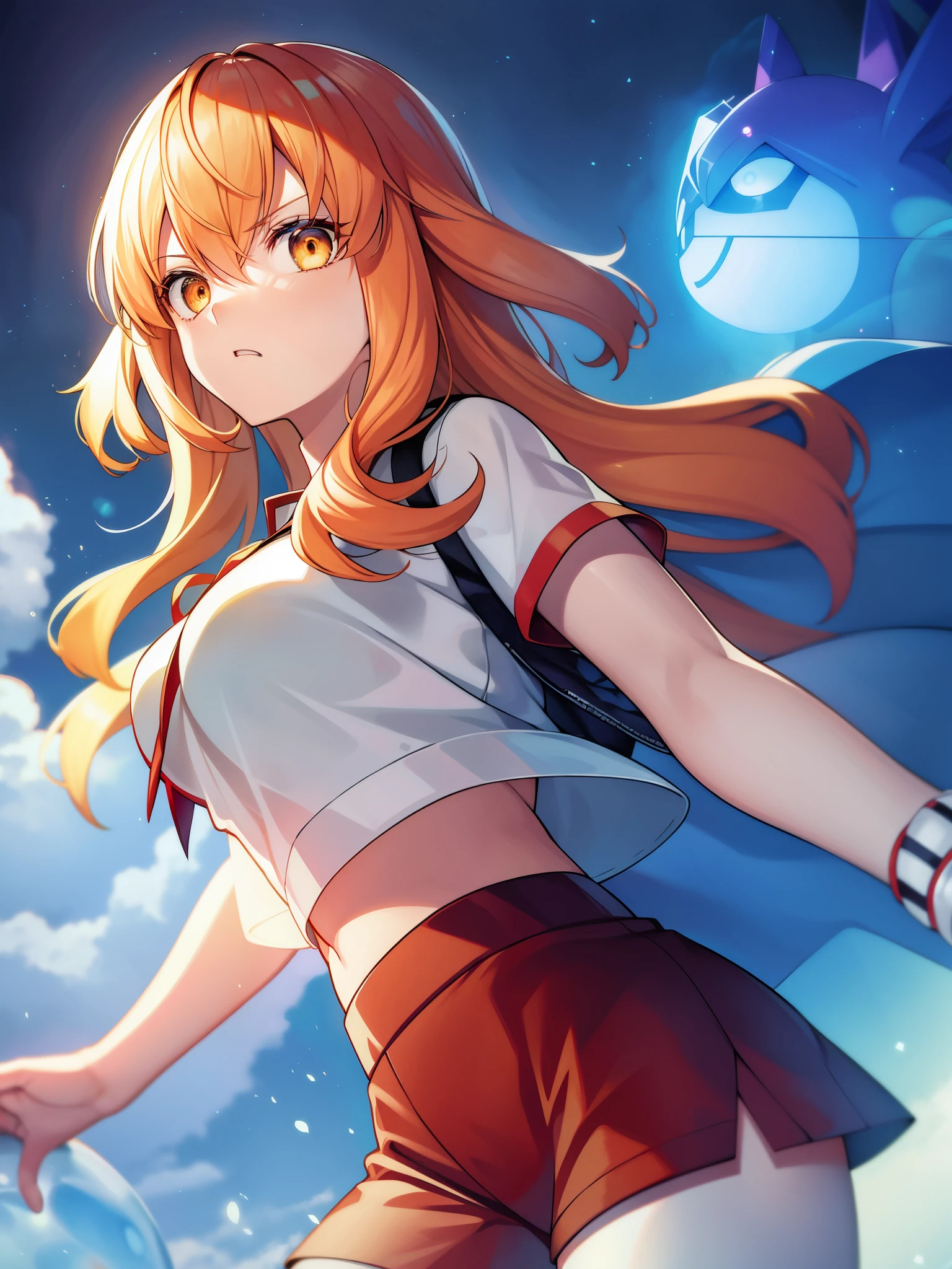 core_9、score_8_up、score_7_up、score_6_up、score_5_up、score_4_up、BREAK、source_cartoon、source_anime、hypnotized misty \(Pokémon\)、orange hair、Wearing a yellow crop top and shorts、T-back、No expression、Mind control、@ @、Blank eyes、empty gaze、drooling in the mouth、Lockでつながれた首輪、Lock、medium breasts、simple background