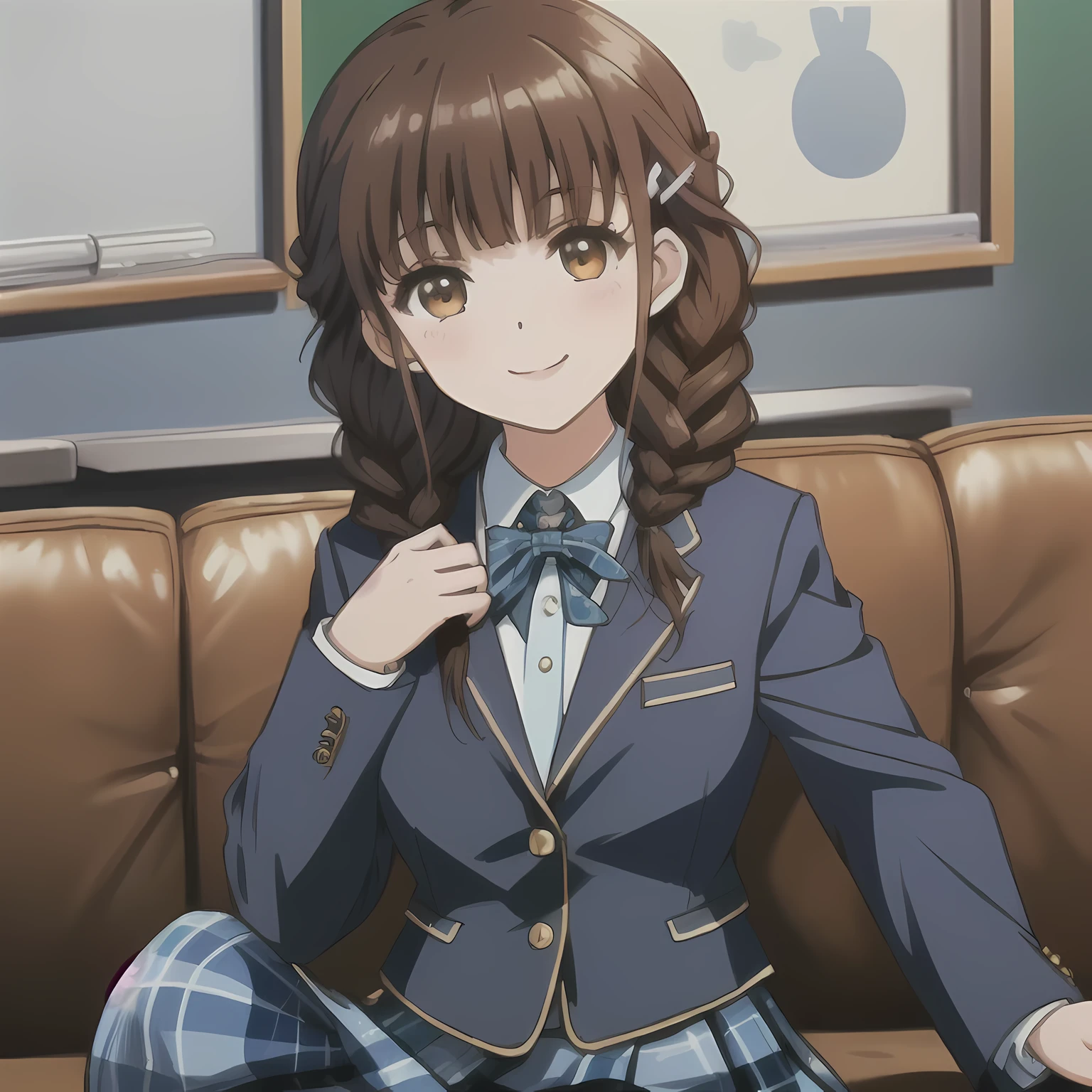 highest quality, (masterpiece:1.2), very detailed,A beautiful girl with a bright and cheerful atmosphere, Only one beautiful girl sitting、Looking at the viewer and smiling, glossy lips, nice smile, Impressive big brown eyes, (((dark brown hair))), 15 years old, big shiny hair clip, , ((((Green school blazer with emblem))), ((A large Japanese-style school ribbon with a large navy blue stripe on the chest.)), very shiny hair、The corners of the eyes are drooping,(white and beautiful skin), (((Tightly braided brown hairstyle))), ((((Green & Navy color tartan check middle long skirt)))), ((A gentle and cute expression staring at the viewer)), double eyelid, ((long eyelashes)), ((the skirt is very cute)), （(Strong appeal to viewers))