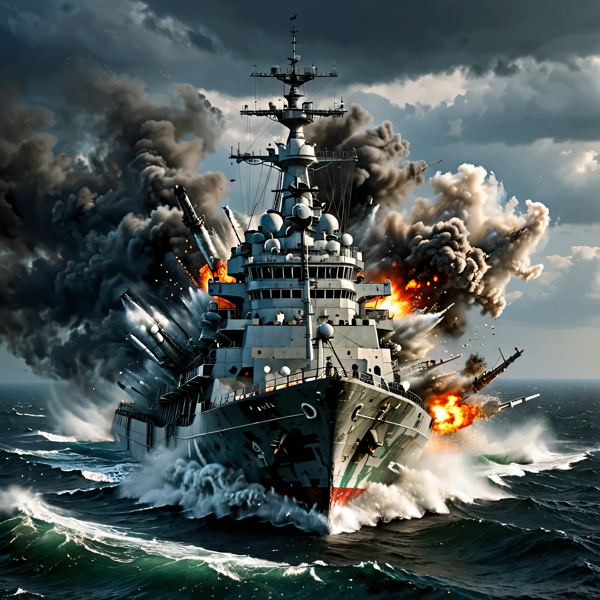 damaged military cruiser, (best quality, ultra-detailed, highres), modern warship, military cruiser is shipwrecked, stormy sea, huge waves, chaos, explosions, fire and smoke, (side view, long distance view, aerial view)