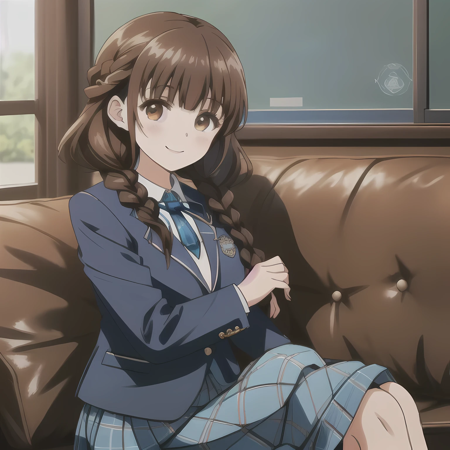 highest quality, (masterpiece:1.2), very detailed,A beautiful girl with a bright and cheerful atmosphere, Only one beautiful girl sitting、Looking at the viewer and smiling, glossy lips, nice smile, Impressive big brown eyes, (((dark brown hair))), 15 years old, big shiny hair clip, , ((((Green school blazer with emblem))), ((A large Japanese-style school ribbon with a large navy blue stripe on the chest.)), very shiny hair、The corners of the eyes are drooping,(white and beautiful skin), (((Tightly braided brown hairstyle))), ((((Green & Navy color tartan check middle long skirt)))), ((A gentle and cute expression staring at the viewer)), double eyelid, ((long eyelashes)), ((the skirt is very cute)), （(Strong appeal to viewers))