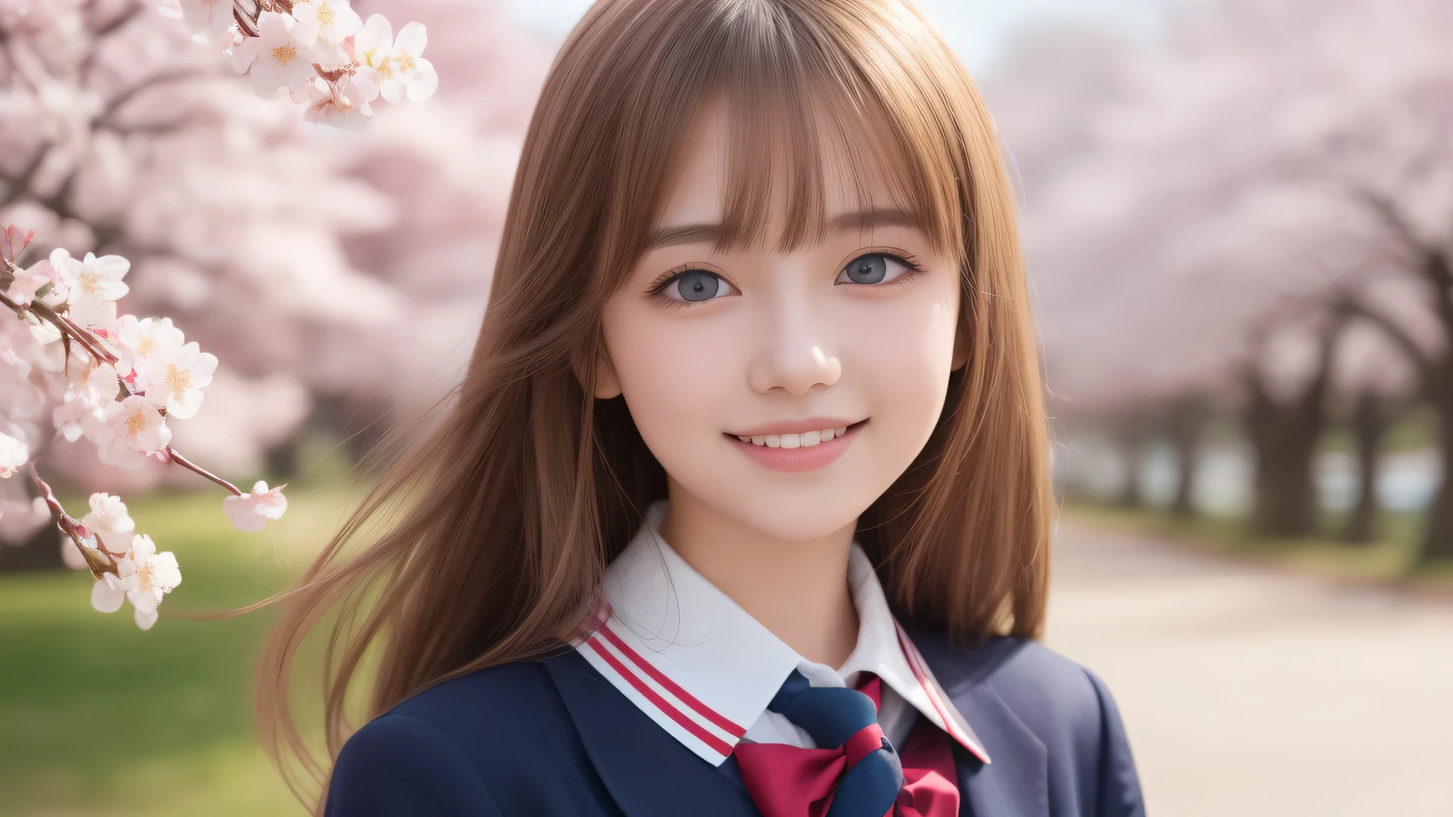 (1 girl), 18-year-old, (big round eyes), (cute dimples), enchanting smile, blonde hair, blue eyes, (high school uniform:1.2), (highest quality: 1.4), (Super detailed), (highest quality:1.4), (Super detailed), evening, very high resolution, (Upper body), close up face, school anime, anime illustration, cherry blossomsの木, cherry blossoms,