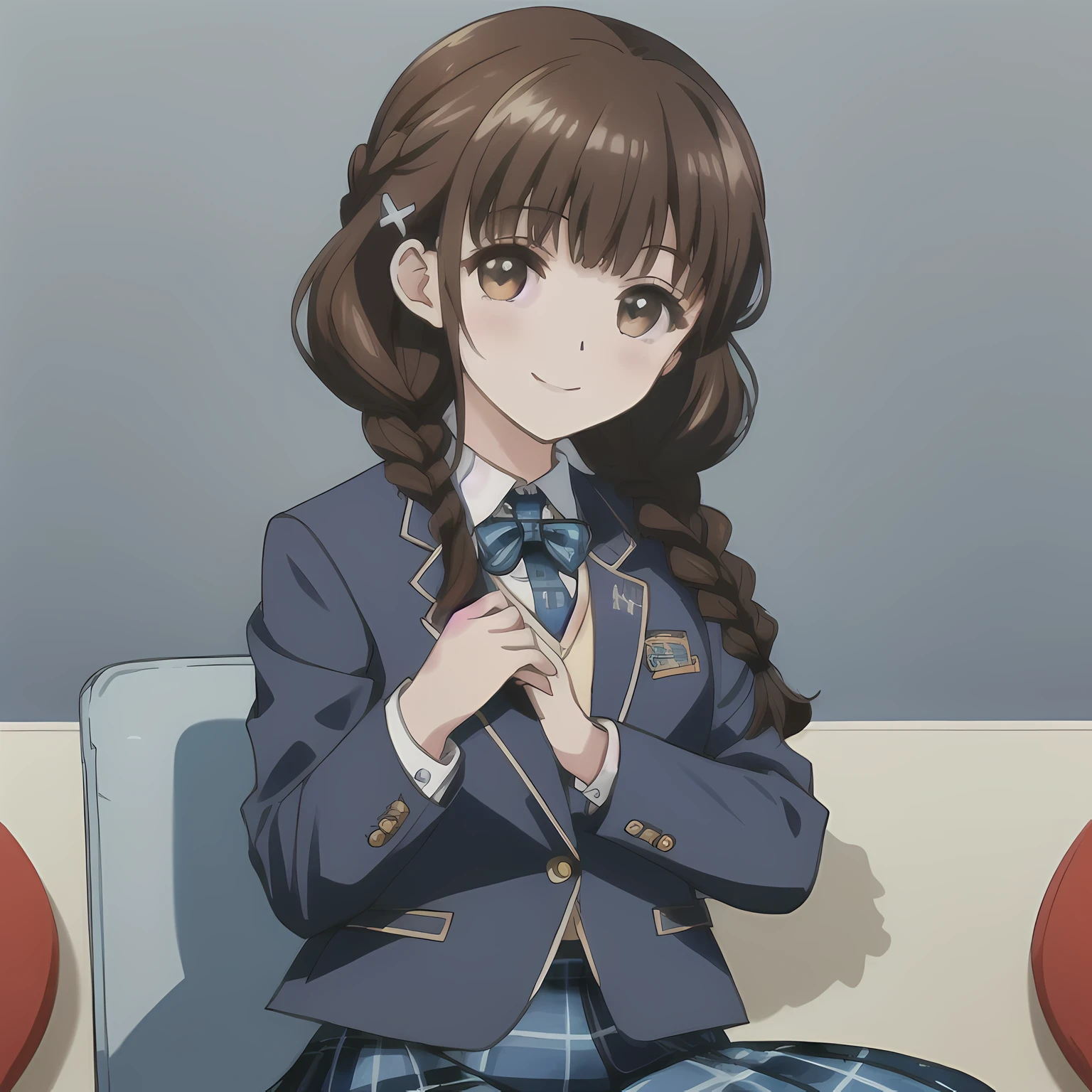 highest quality, (masterpiece:1.2), very detailed,A beautiful girl with a bright and cheerful atmosphere, Only one beautiful girl sitting、Looking at the viewer and smiling, glossy lips, nice smile, Impressive big brown eyes, (((dark brown hair))), 15 years old, big shiny hair clip, , ((((Green school blazer with emblem))), ((A large Japanese-style school ribbon with a large navy blue stripe on the chest.)), very shiny hair、The corners of the eyes are drooping,(white and beautiful skin), (((Tightly braided brown hairstyle))), ((((Green & Navy color tartan check middle long skirt)))), ((A gentle and cute expression staring at the viewer)), double eyelid, ((long eyelashes)), ((the skirt is very cute)), （(Strong appeal to viewers))