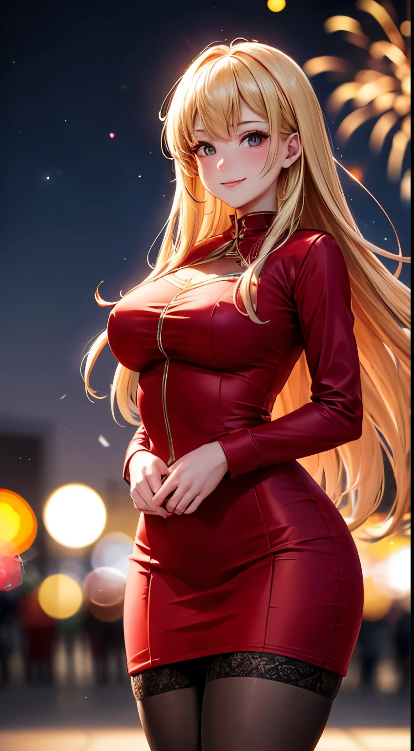 Full HD, Super detailed, high quality, master likes it, Bokeh, woman, 30 years, stockings, red midi dress, compensate, night, fireworks light, seductive smile, Lens flare,long hair,blonde