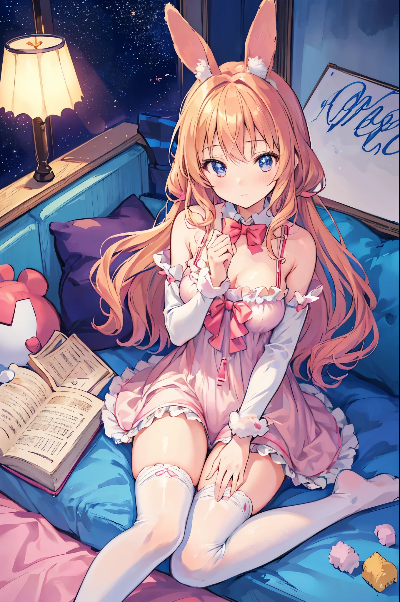 mirai kasuga (million live), (highest quality, 8K, masterpiece, super detailed:1.2), cinematic lighting, detailed and beautiful eyes, Lens flare, From above, 1 girl, alone, pretty girl, sweet, innocent, peaceful and quiet, Bedroom, pastel colour, fluffy rabbit ears, , rabbit stuffed animal, bright lighting, pajamas, frills, Thighhighs, (V arm)