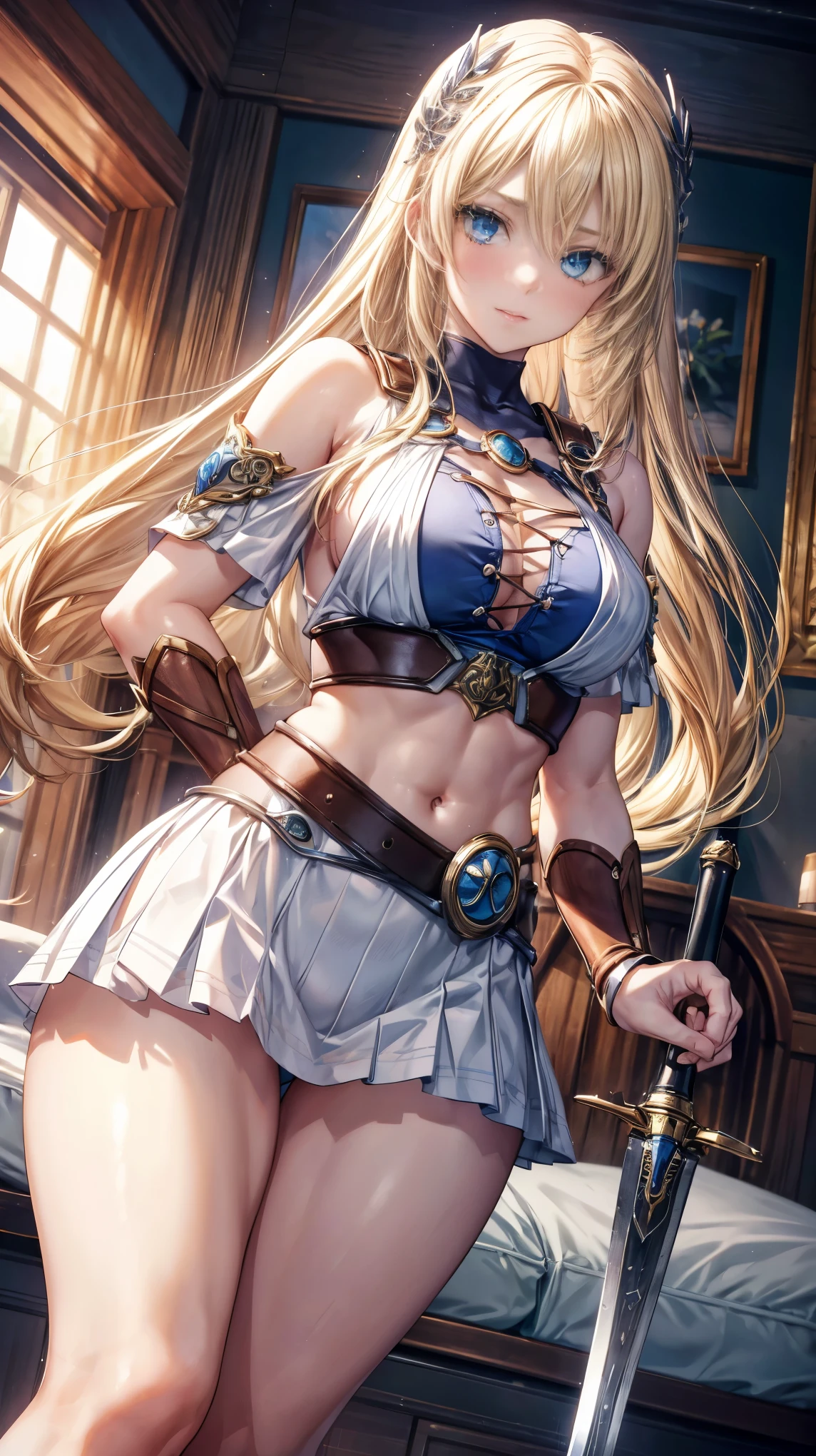 sensual, long blonde hair, thick thighs, 8K, 4k, highest quality, (High resolution:1.6), cute anime face, noise reduction, shining blue eyes, gentle smile, kind eyes、toned abdominal muscles, muscular arms, muscular legs,  young face, anime eyes, Sophitia Alexandra、has a sword and shield、(SFW huge body)、(beautiful nose:1.5)