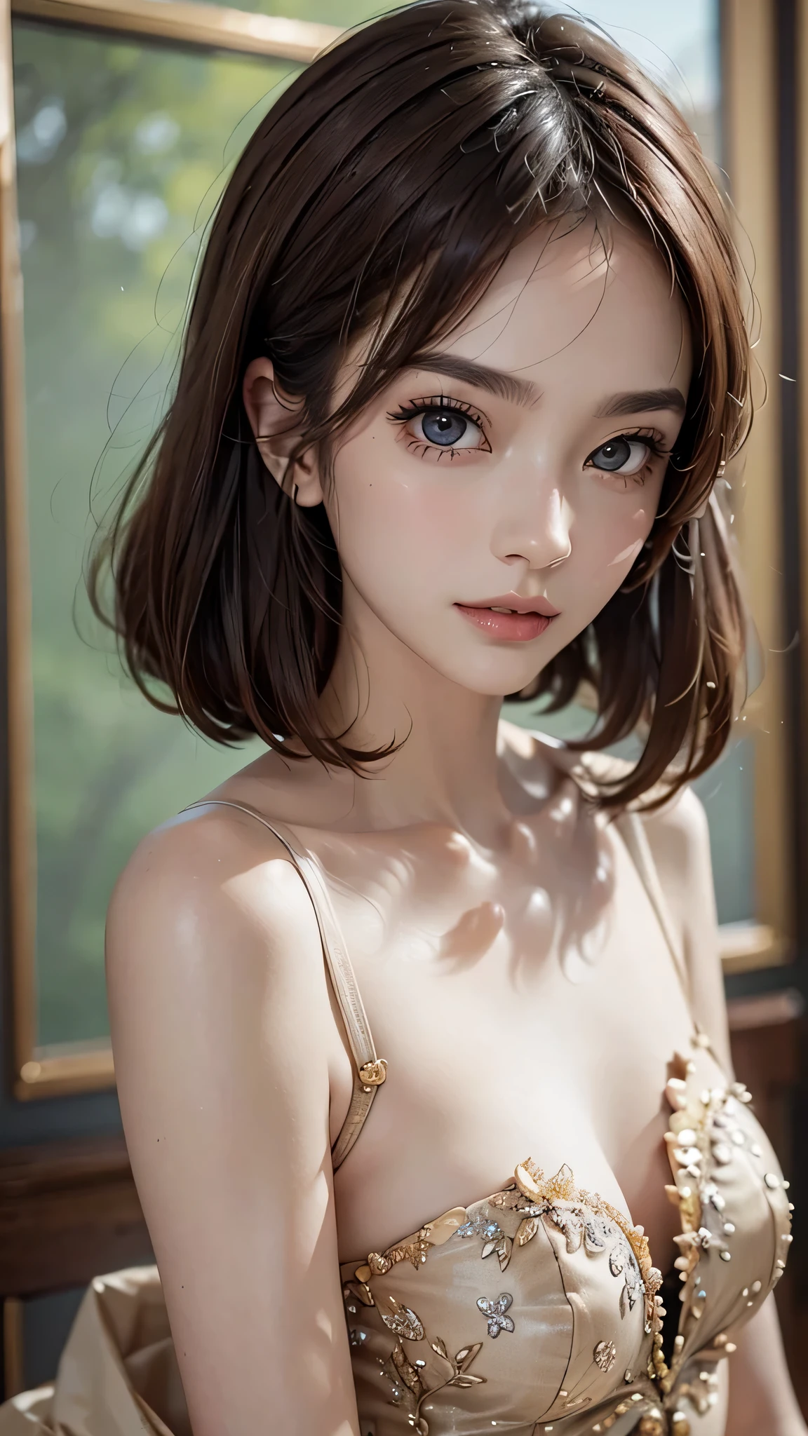 (close:1.4)、(Raw photo:1.2)、(realistic:1.4)、(masterpiece:1.3)、(highest quality:1.4)、(beautiful woman with perfect body:1.ung japanese woman、alone、7 head and body、(so beautiful:1.2)、 (Medium chest:1.3)、(slender beautiful girl)、(beautiful and detailed eyes)、(charming big eyes)、(beautiful double eyelids)、(Beautiful and dense face)、(short bob:1.3)、diagonal bangs、view audience、classy dress、sleeveless、Upper body、