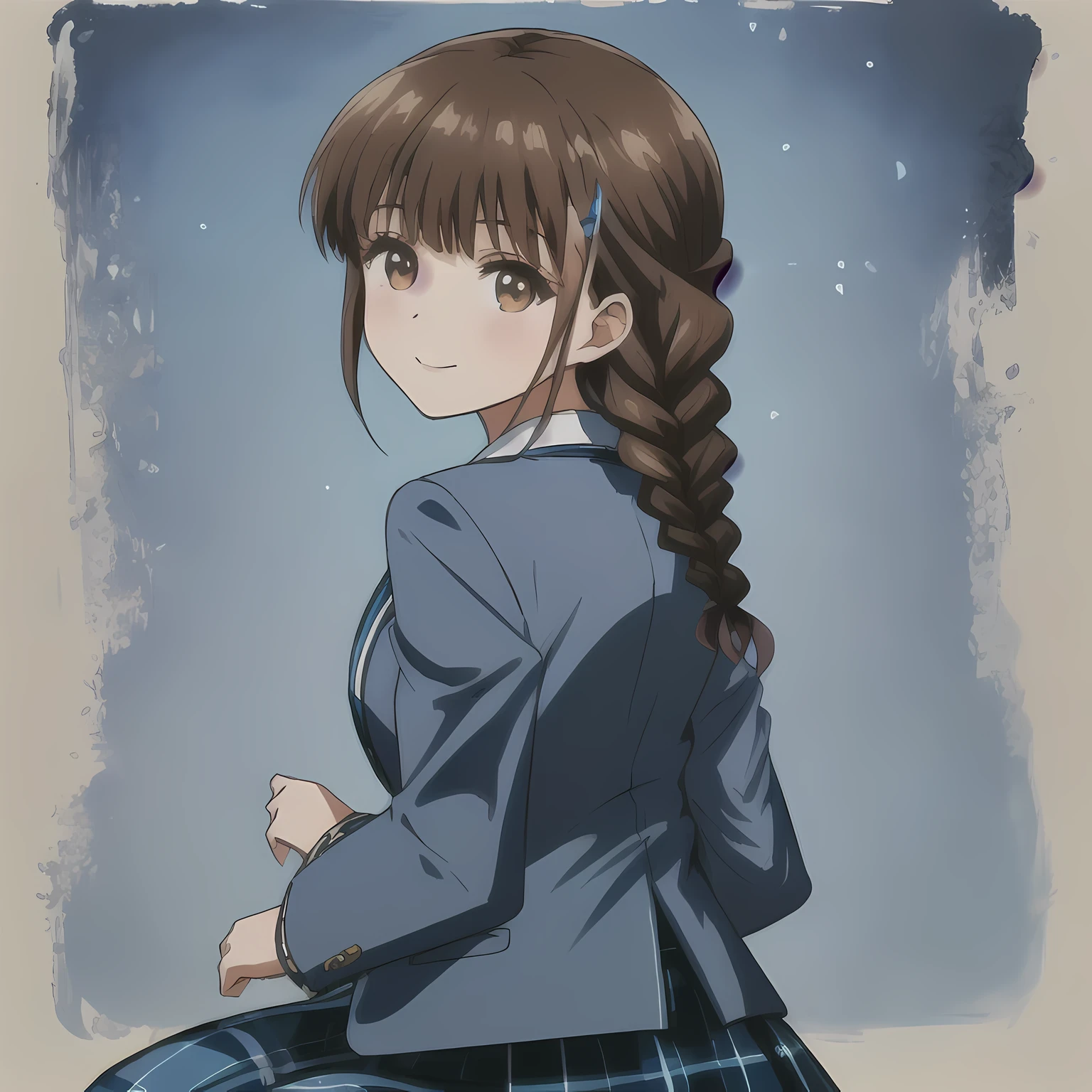 highest quality, (masterpiece:1.2), very detailed,A beautiful girl with a bright and cheerful atmosphere, Only one beautiful girl sitting、Looking at the viewer and smiling, glossy lips, nice smile, Impressive big brown eyes, (((dark brown hair))), , big shiny hair clip, , ((((Green school blazer with emblem))), ((A large Japanese-style school ribbon with a large navy blue stripe on the chest.)), very shiny hair、The corners of the eyes are drooping,(white and beautiful skin), (((Tightly braided brown hairstyle))), ((((Green & Navy color tartan check middle long skirt)))), ((A gentle and cute expression staring at the viewer)), double eyelid, ((long eyelashes)), ((the skirt is very cute)), ((Strong appeal to viewers)), (((shot from behind)))