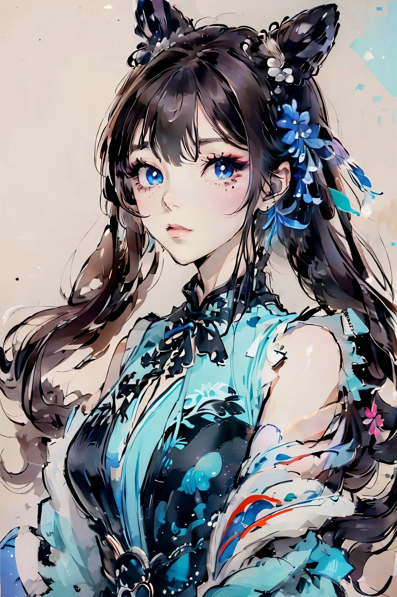 Masterpiece, best quality, (solo focus), (perfect face: 1.1), (high detail: 1.1), (ultra detailed eyes), fair skin, rainbow eyes, long hair, sexy cheongsam, pouting, arrogant expression,