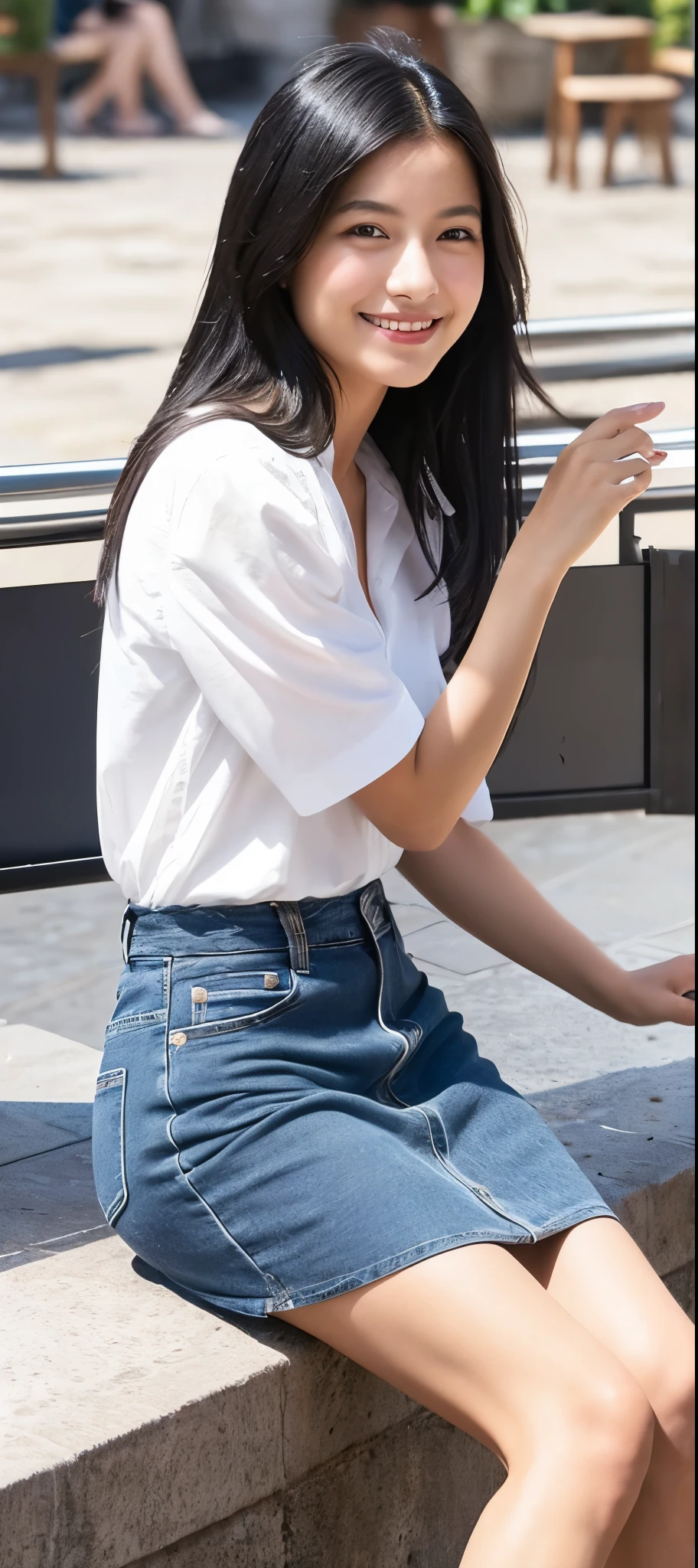 1 girl, indonesian girl, (black hair semi-long)(beautiful hair), actress, smile, shiny skin, best quality, masterpiece, (photorealistic:1.4), terrace seating, Europe, France, Paris, denim mini skirt (realistic fabric), white short sleeves (cotton fabric), (no logo), thin fingers