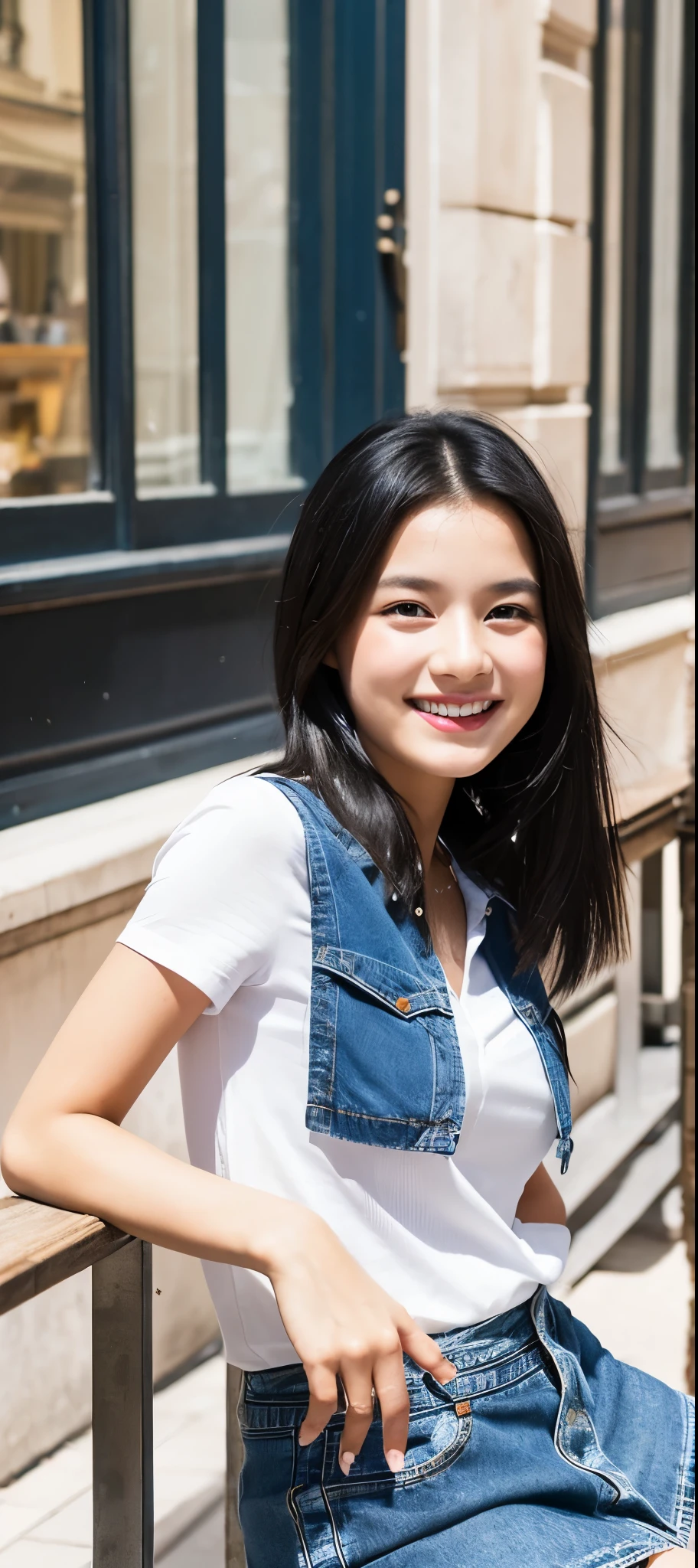 1 girl, indonesian girl, (black hair semi-long)(beautiful hair), actress, smile, shiny skin, best quality, masterpiece, (photorealistic:1.4), terrace seating, Europe, France, Paris, denim mini skirt (realistic fabric), white short sleeves (cotton fabric), (no logo), thin fingers