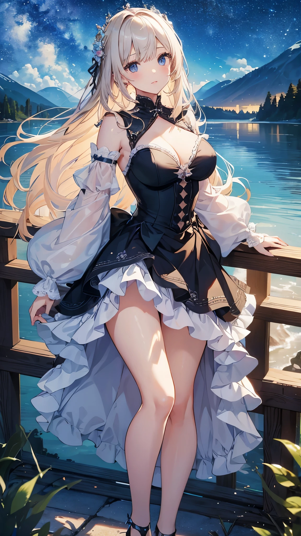 (masterpiece)、(highest quality)、((Super detailed))、(super delicate)、Princess in a naughty dress、platinum blonde、beautiful breasts、thighs、nice、Lake with mountain view、fantastic starry sky