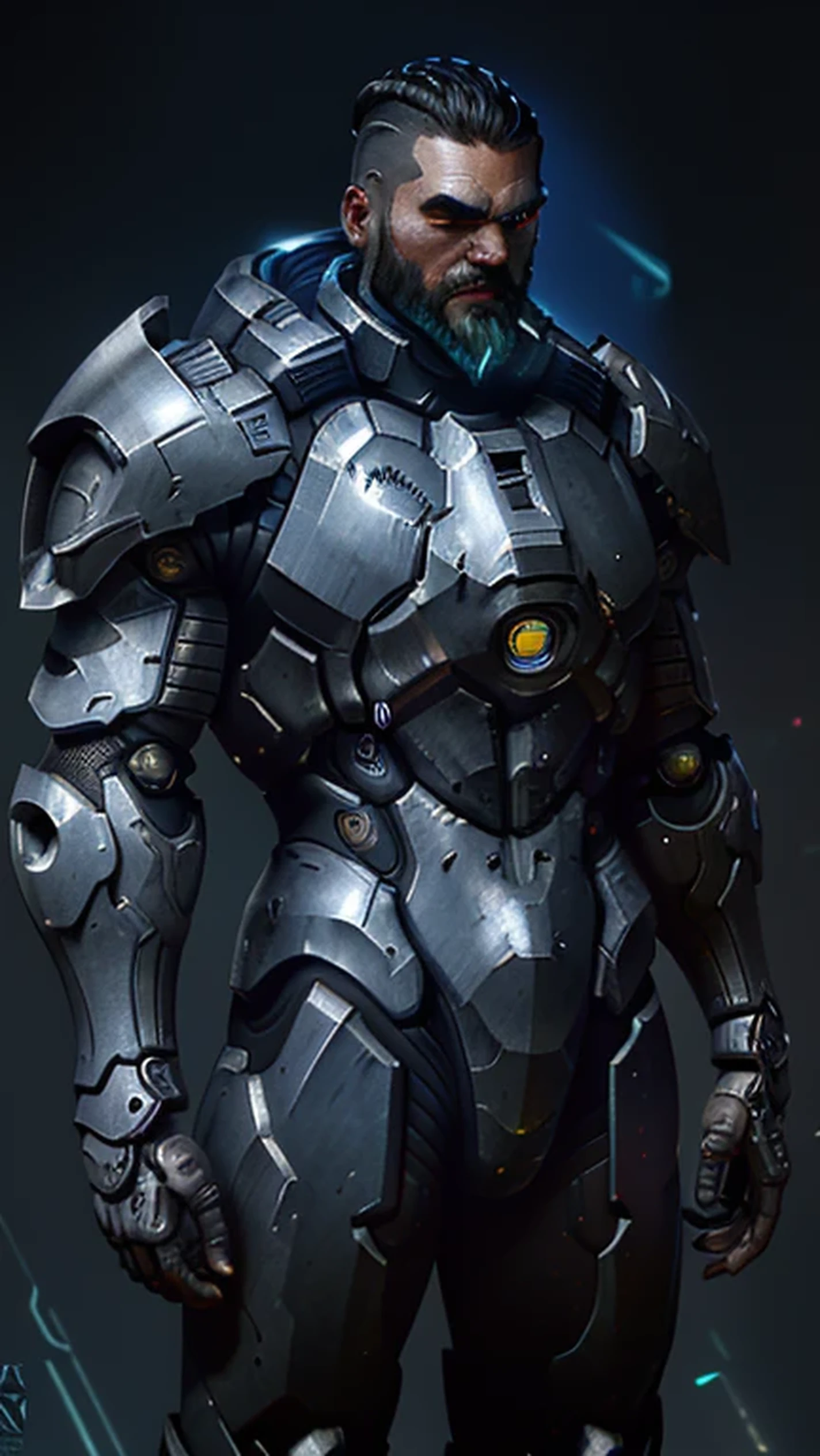 Brutal strong man, Futuristic powerful detailed armor, bright spotlight shining from behind, Bright glare, glowing halo around the head,  dark background, Super detailed armor, hi technology, cyberpunk, glare of light on the lens, thick beard, Short hair slicked back, concentrated calm look, brutal square face