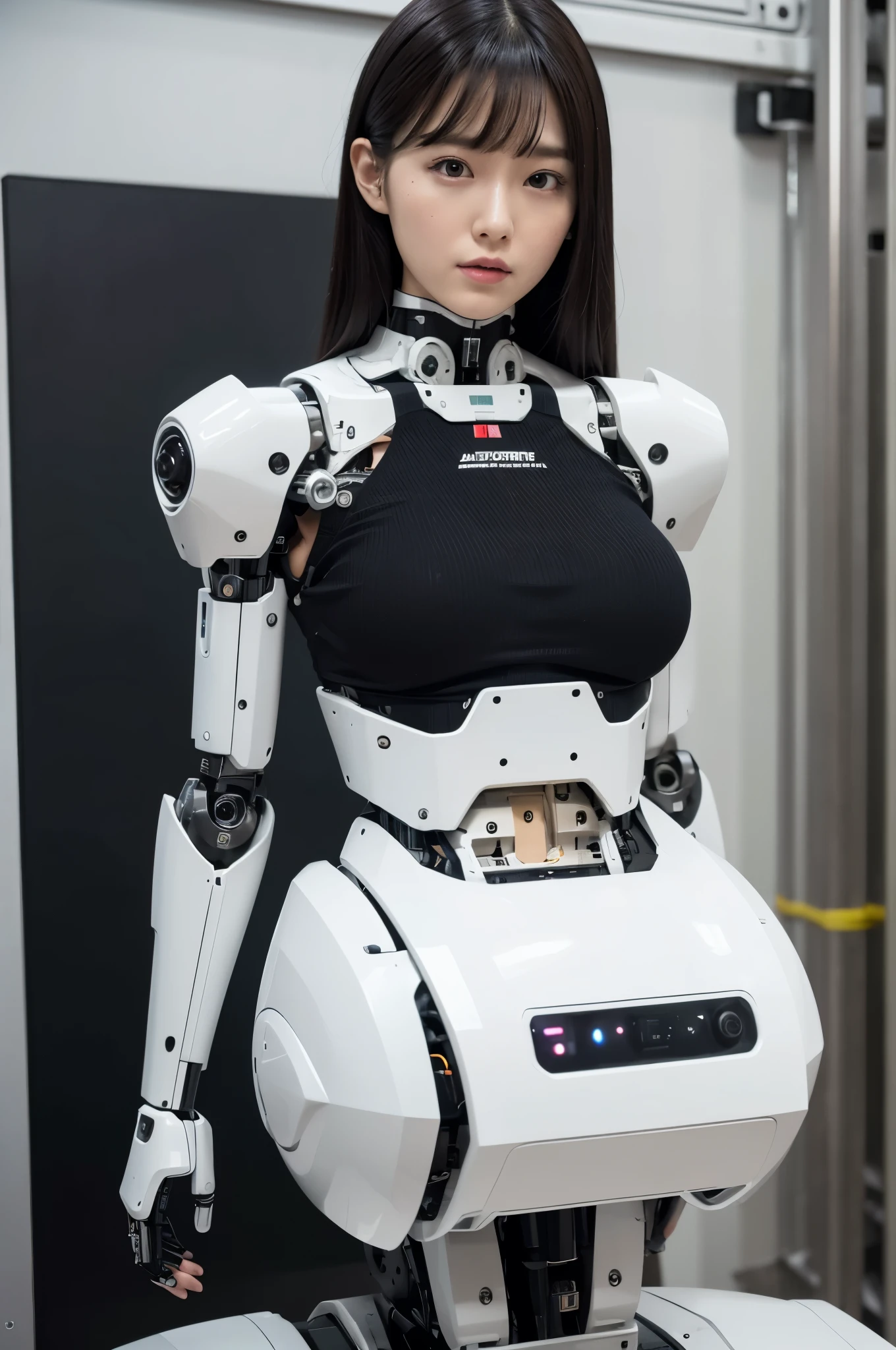 masterpiece, best quality, extremely detailed, 8k portrait, Japaese android Girl,Plump , announcer,control panels,android,Droid,Mechanical Hand, Robot arms and legs, Black Robot Parts,Black hair,Mechanical body,Blunt bangs,perfect mechanical abdomen,White robotics parts,perfect robot woman,future laboratory,cyber pank,charging spot,laboratory,long tube,thick cable connected her neck,ceramic body ,perfect mechanical body,android,robot humanoid,black sponge joints,The removable cover is in the groin,The connection port is in the groin,opened chest panel,access panel on the chest,opened breast panel,perfect mechanical breast,white machine body,She has repaired,assembly plant,miniskirt,black boots