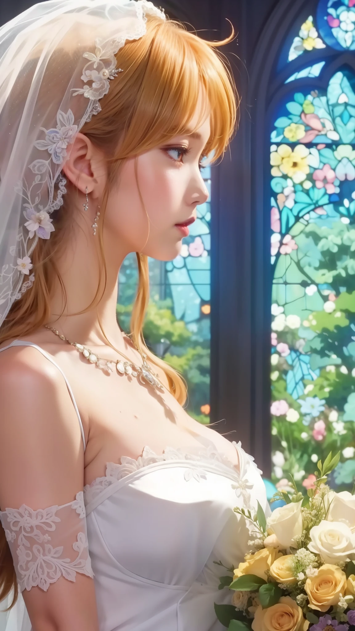 anime bride in wedding dress with veil and flowers in front of stained window, Nami from One Piece, fine details. anime, in the anime film, today's featured anime still, screenshot from the anime film, violet evergarden, beautiful anime scene, in a anime masterpiece, look at that detail!, anime visual of a young woman, beautiful portrait of nami, bride, intricate ornate anime cgi style