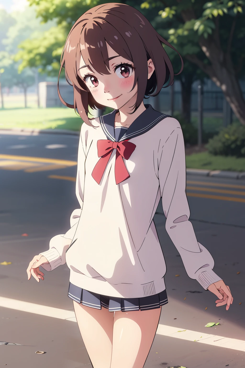 ikazuchi (KanColle)Default(super flat, flat shading), 1 girl, I&#39;m 11 years old，baby face，small sweater，(naked),very short stature，very thin limbs，strong sunlight，positive，small，Petya pie、Precise and detailed reproduction of the ultra-thin thigh skirt，fine clean cracks，small ，school playground，smile，(Always accurate, Detailed and clean fingers:1.3)，blush very much，summer vacation，bright，bright色, anime style picture, ghibli style